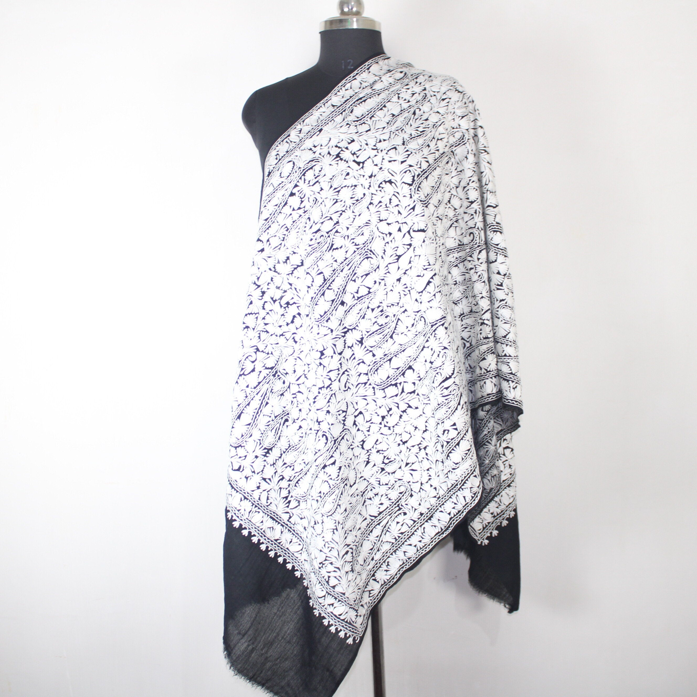 Handmade Merino Wool Kashmiri Stole: Aari Embroidered Black Scarf BATIN