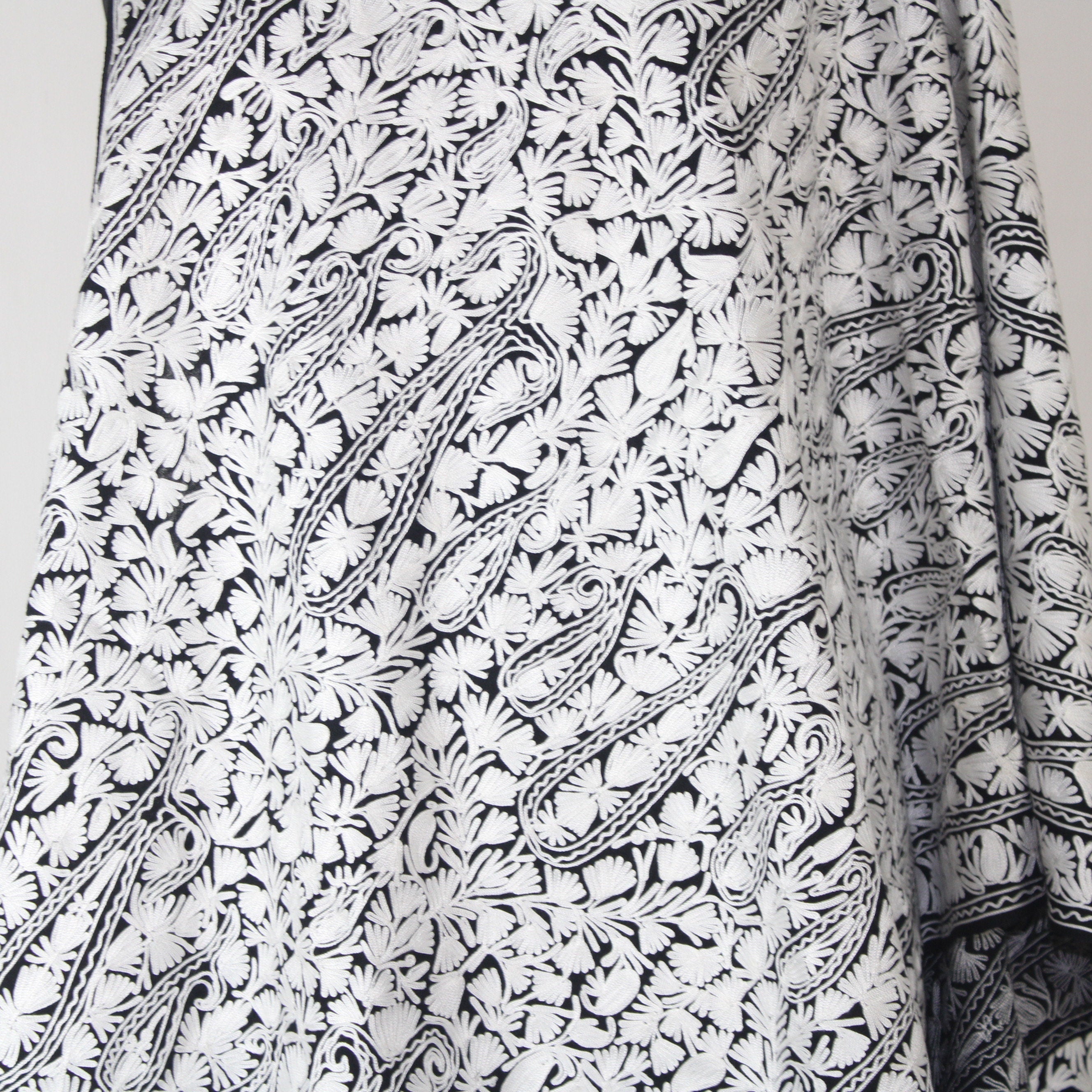 Handmade Merino Wool Kashmiri Stole: Aari Embroidered Black Scarf BATIN