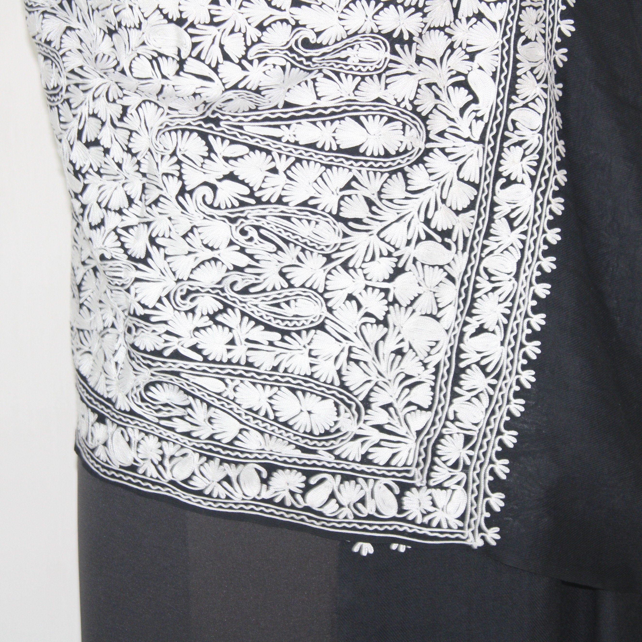 Handmade Merino Wool Kashmiri Stole: Aari Embroidered Black Scarf BATIN