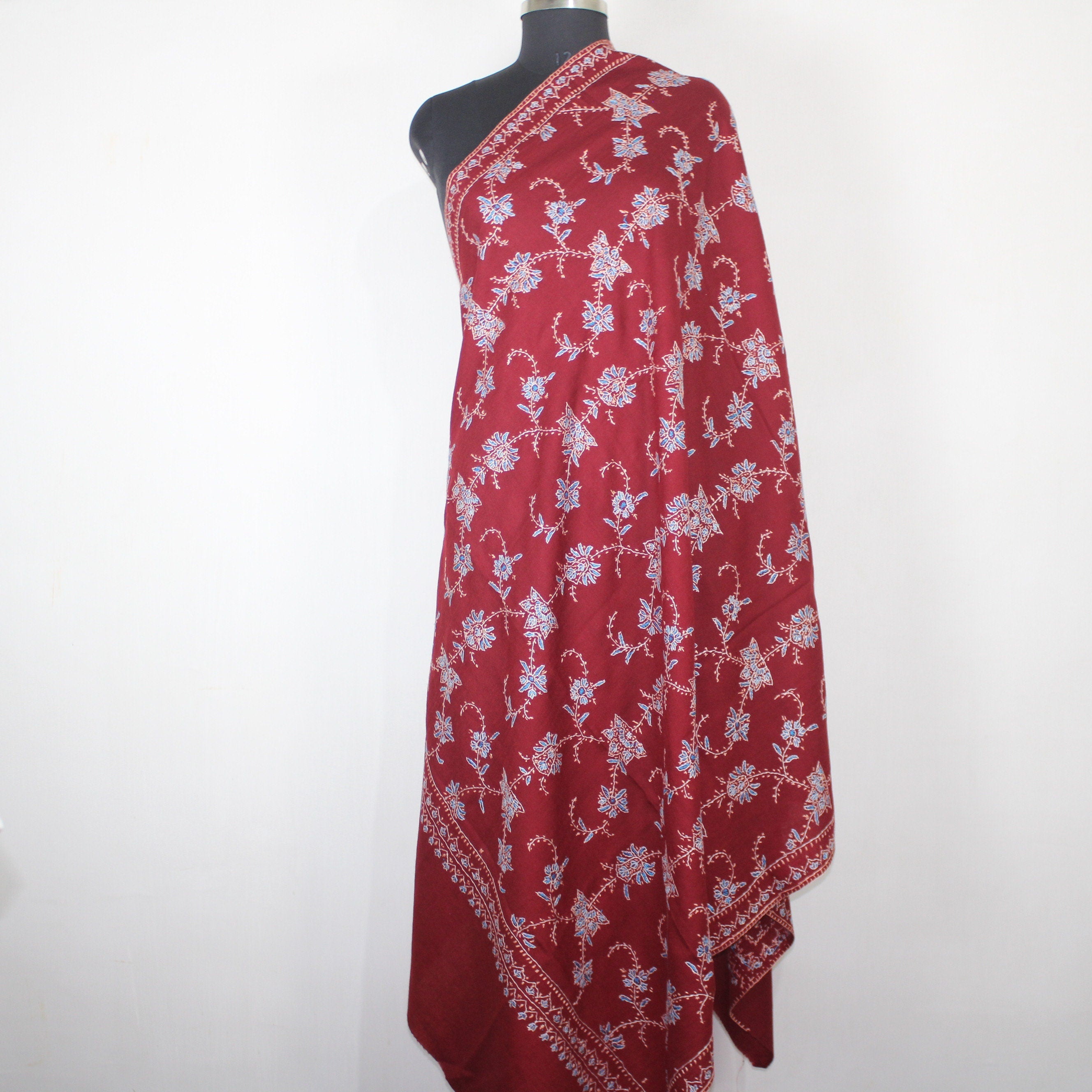 Merino Wool Sozni Embroidery Shawl: Maroon Kashmiri Wrap BATIN