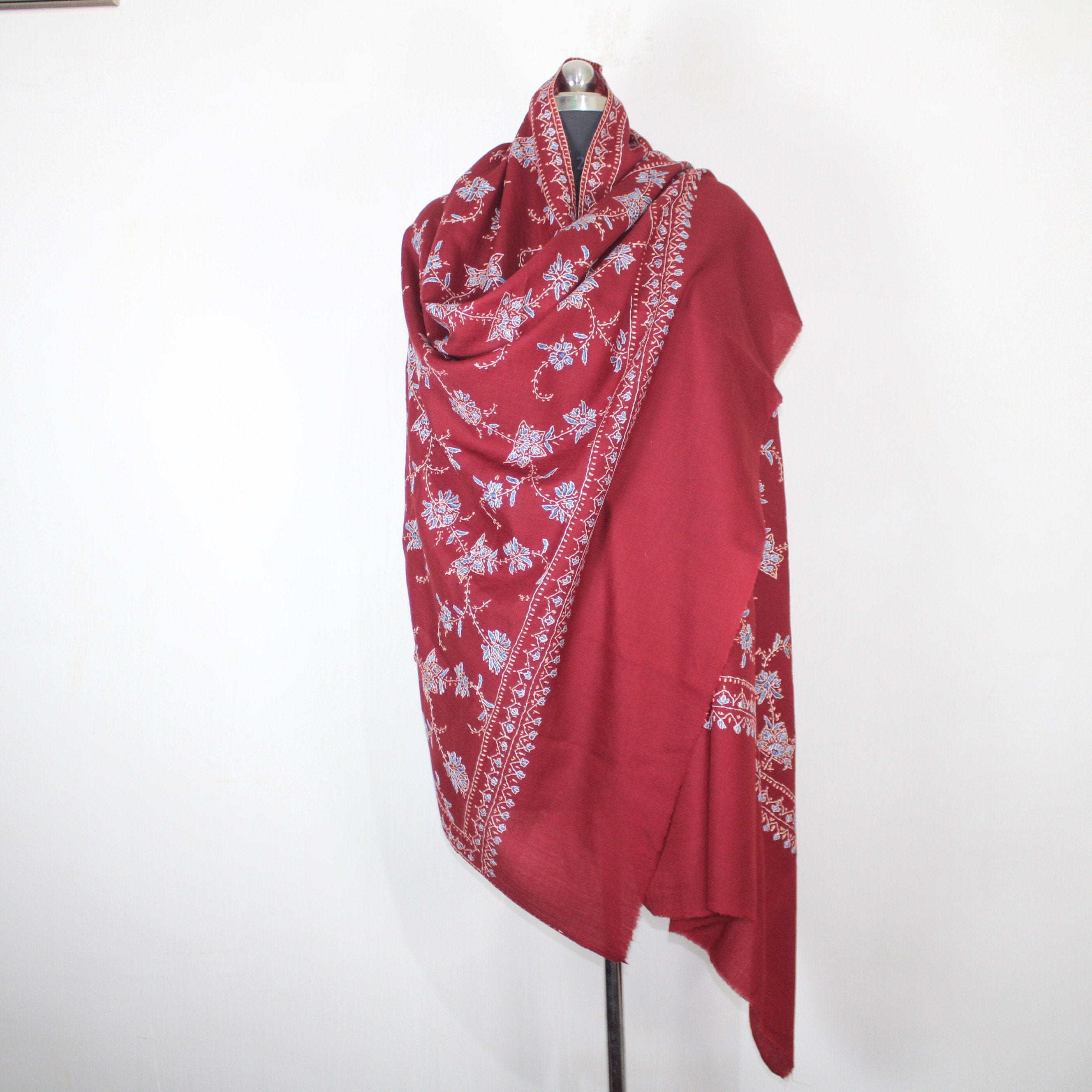 Merino Wool Sozni Embroidery Shawl: Maroon Kashmiri Wrap BATIN