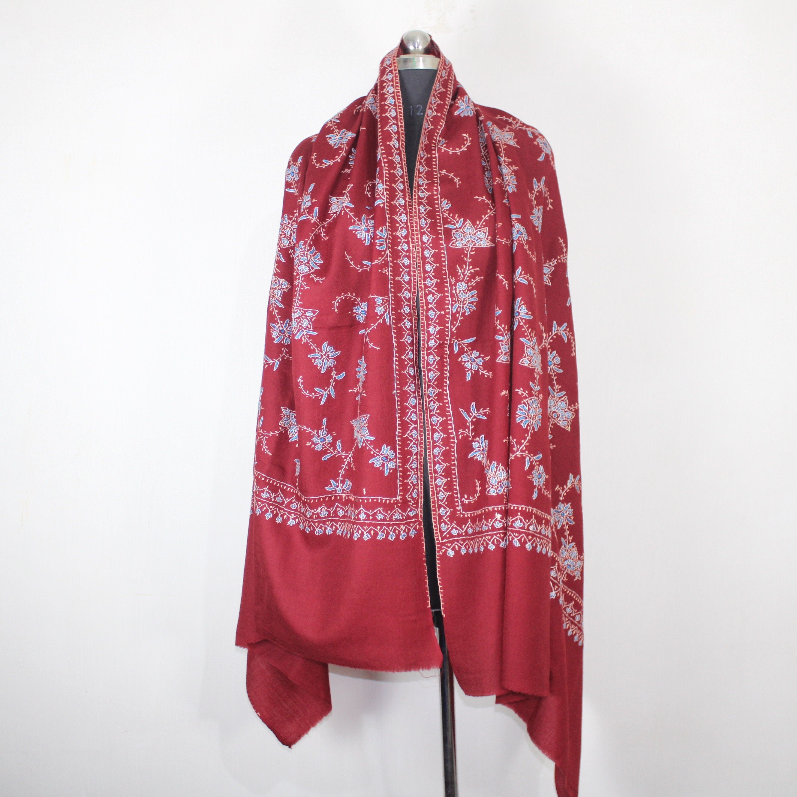 Merino Wool Sozni Embroidery Shawl: Maroon Kashmiri Wrap BATIN