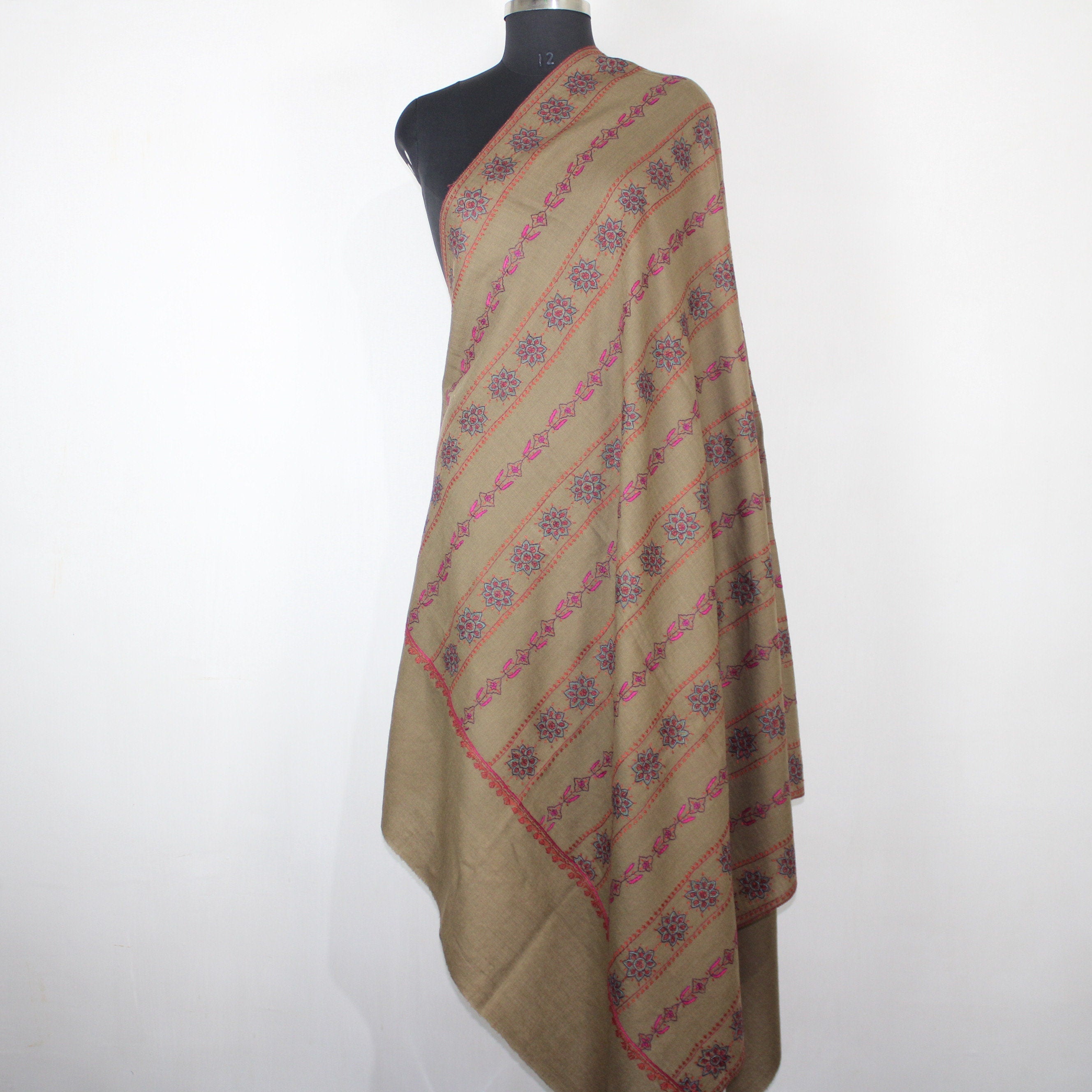 Handmade Merino Wool Shawl: Sozni Embroidery Kashmiri Wrap BATIN