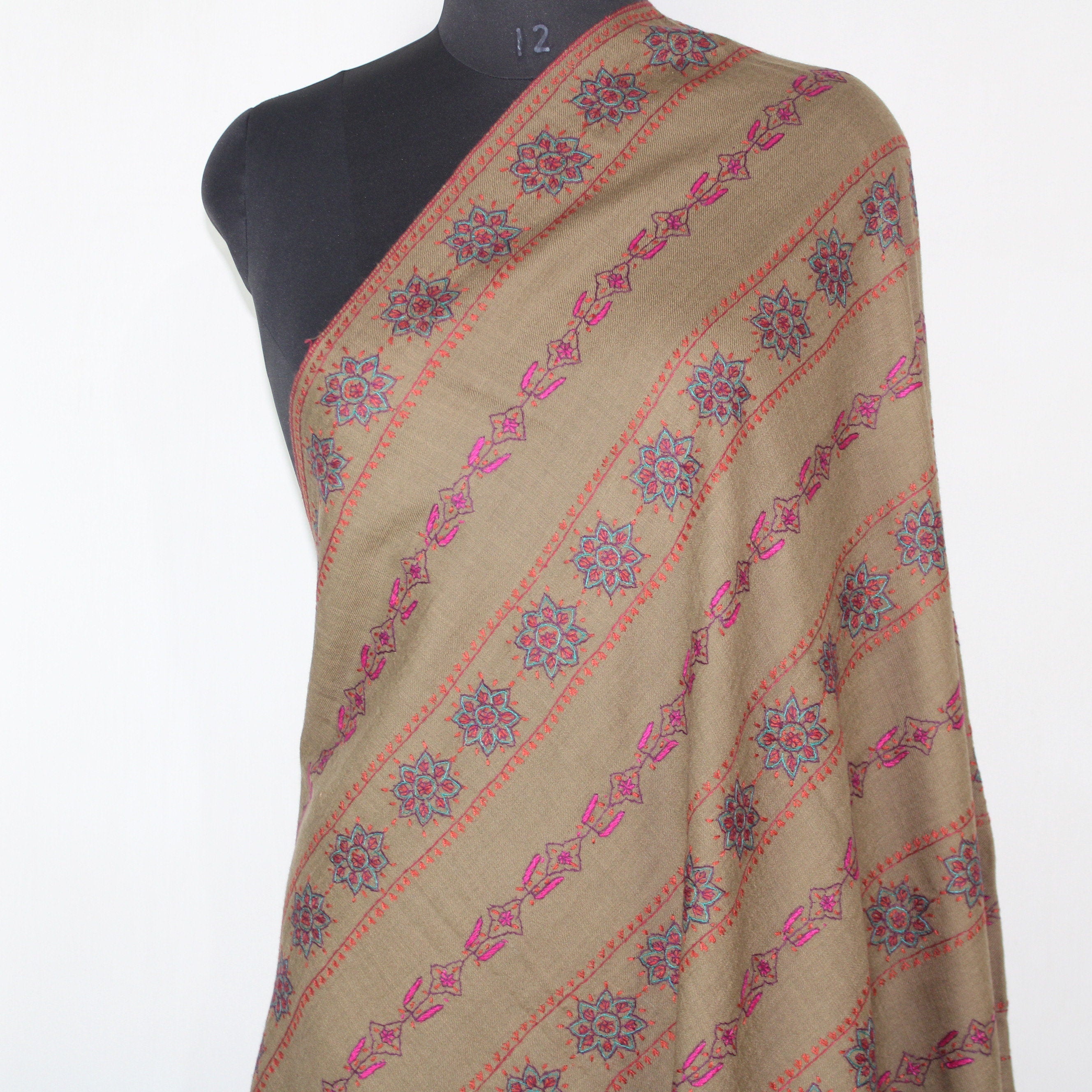 Handmade Merino Wool Shawl: Sozni Embroidery Kashmiri Wrap BATIN
