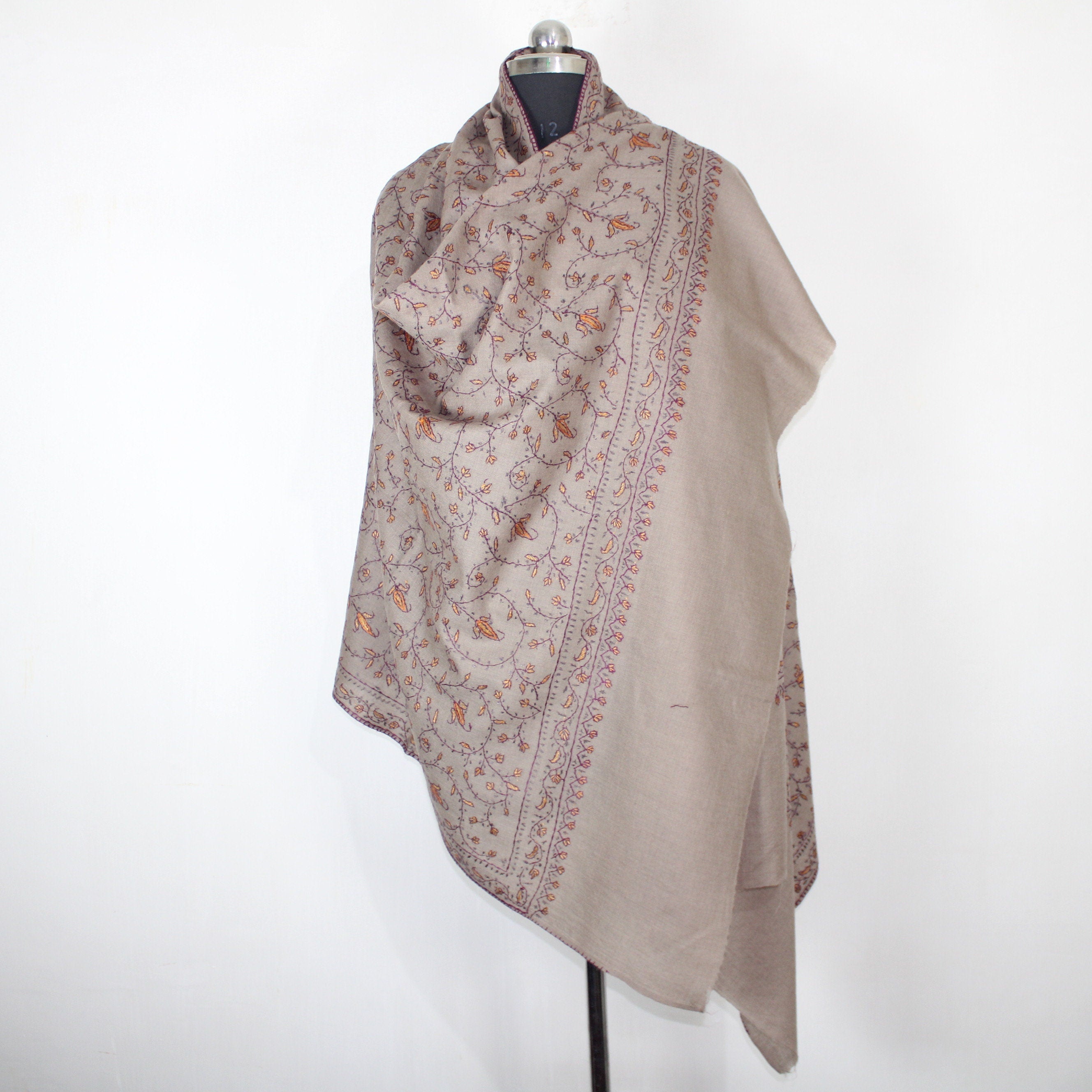 Kashmiri Sozni Embroidered Merino Wool Shawl: Beige Paisley Wrap BATIN