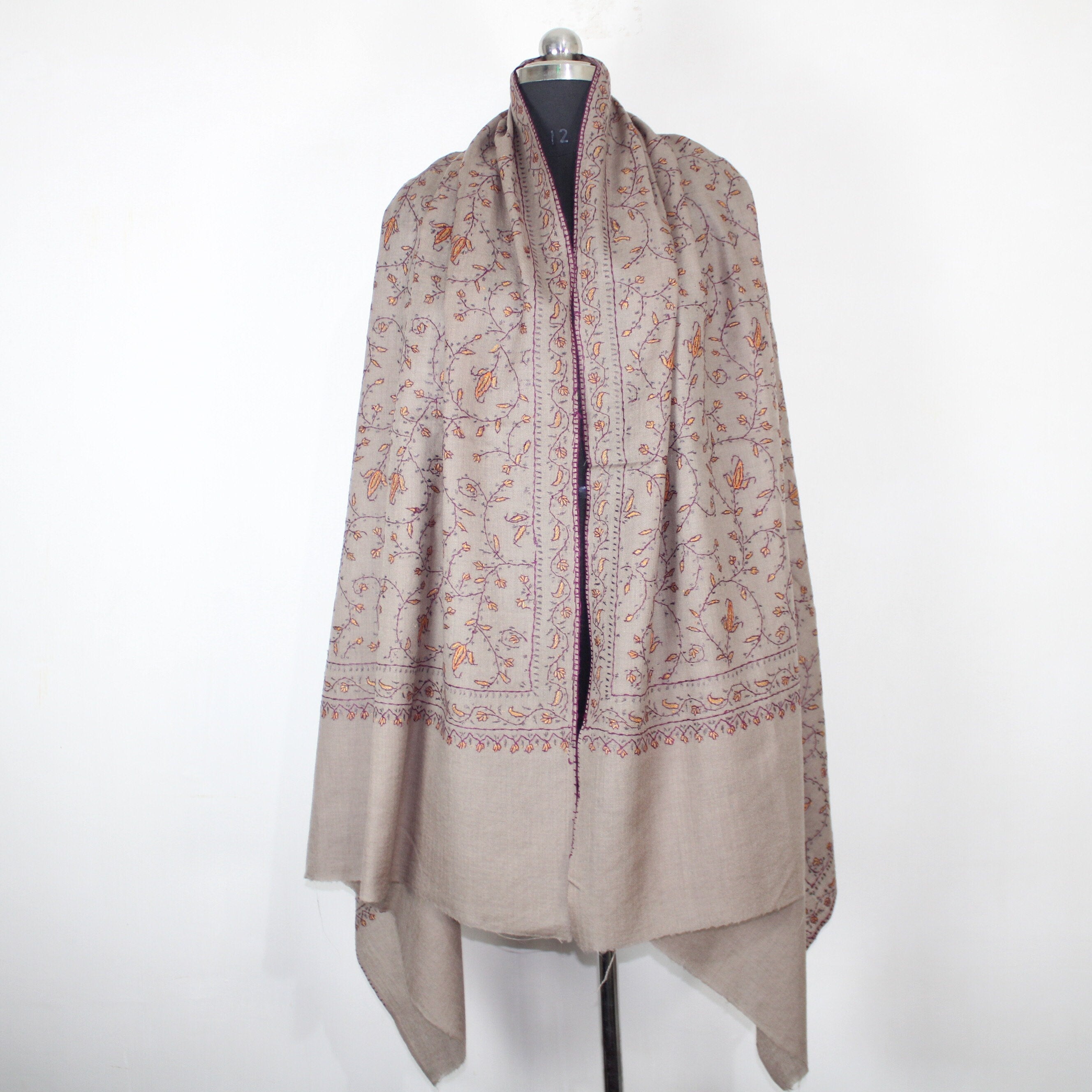 Kashmiri Sozni Embroidered Merino Wool Shawl: Beige Paisley Wrap BATIN