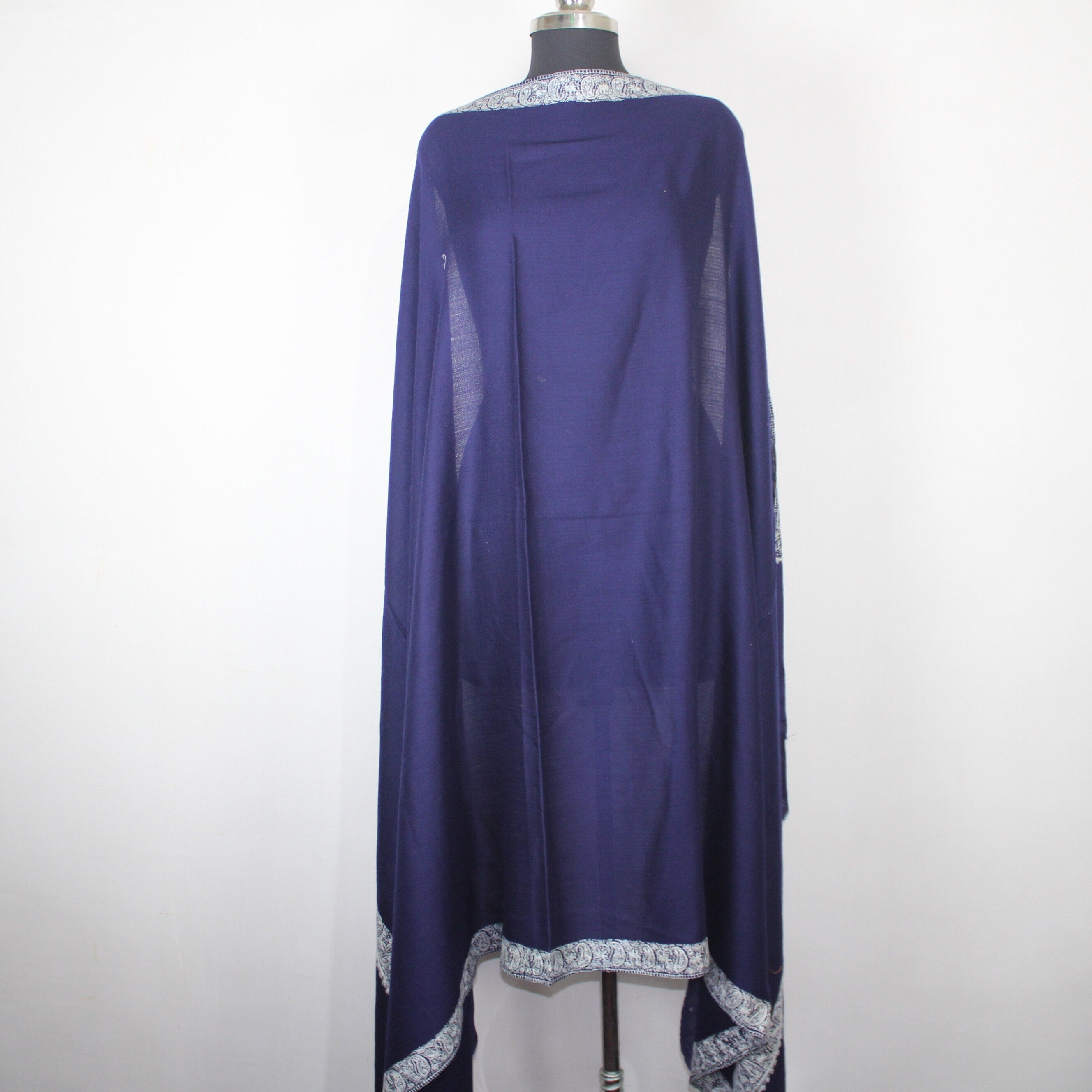 Blue Merino Wool Shawl: Kashmiri Sozni Embroidery, Handcrafted Wrap BATIN
