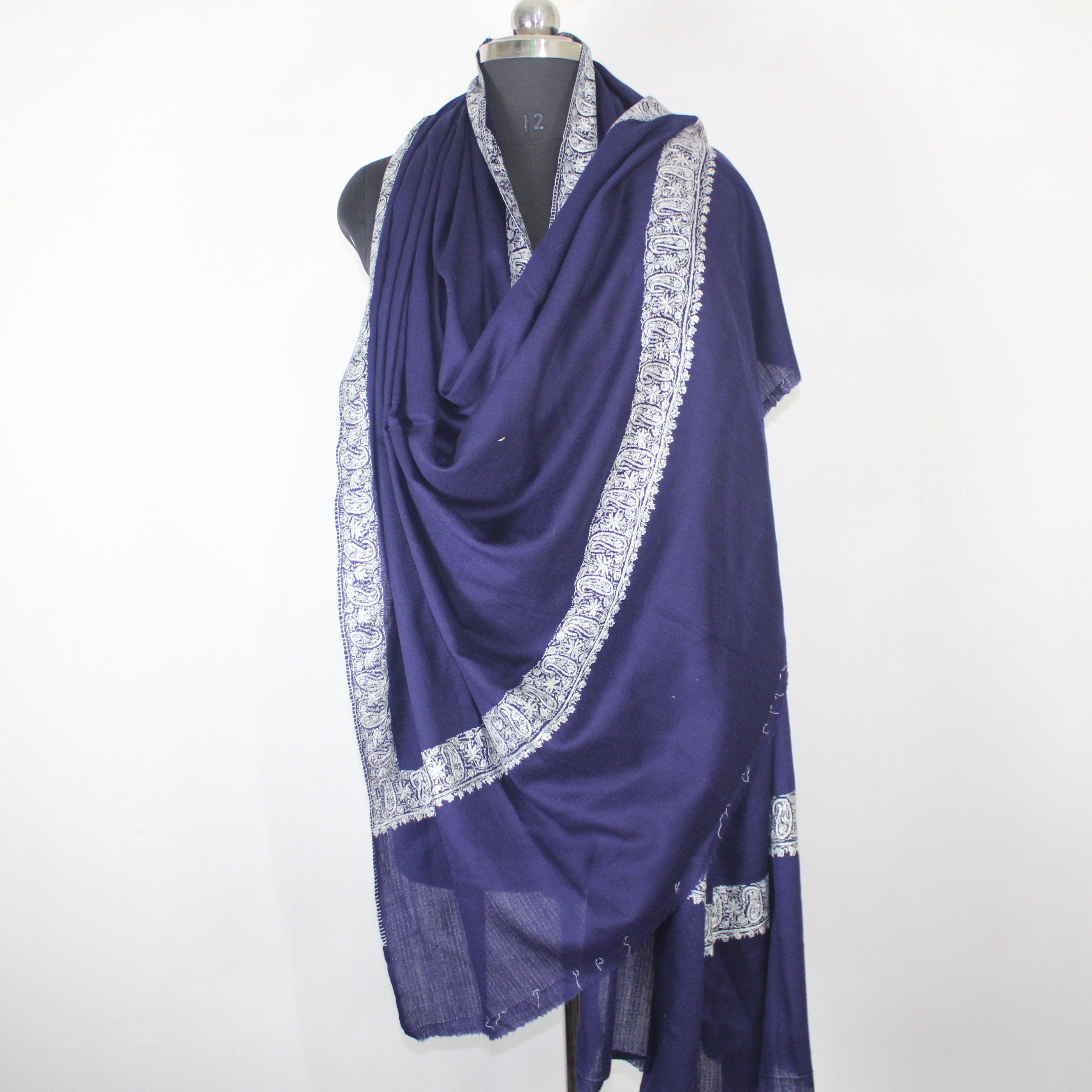 Blue Merino Wool Shawl: Kashmiri Sozni Embroidery, Handcrafted Wrap BATIN