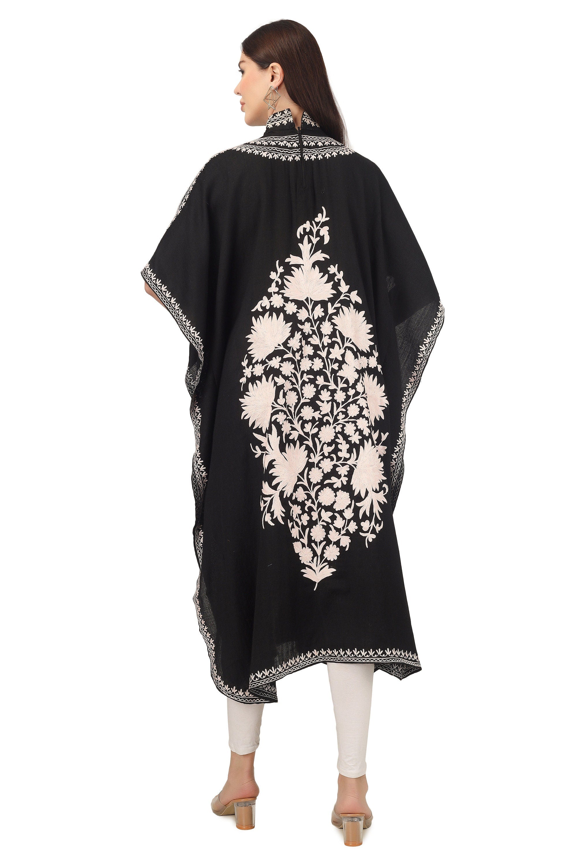 Handmade Merino Wool Kaftan: Black Kashmiri Aari Embroidered Maxi Dress BATIN