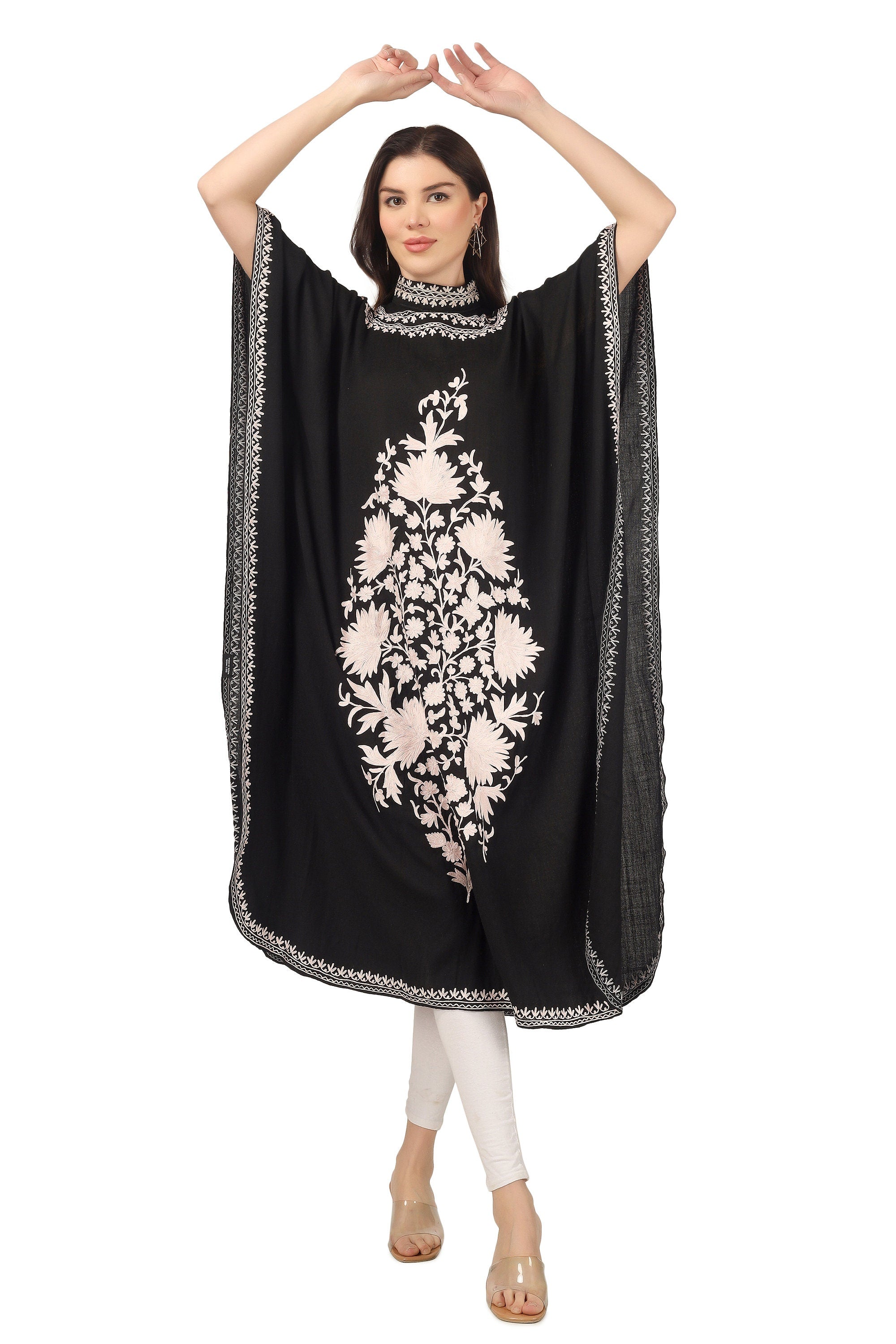 Handmade Merino Wool Kaftan: Black Kashmiri Aari Embroidered Maxi Dress BATIN