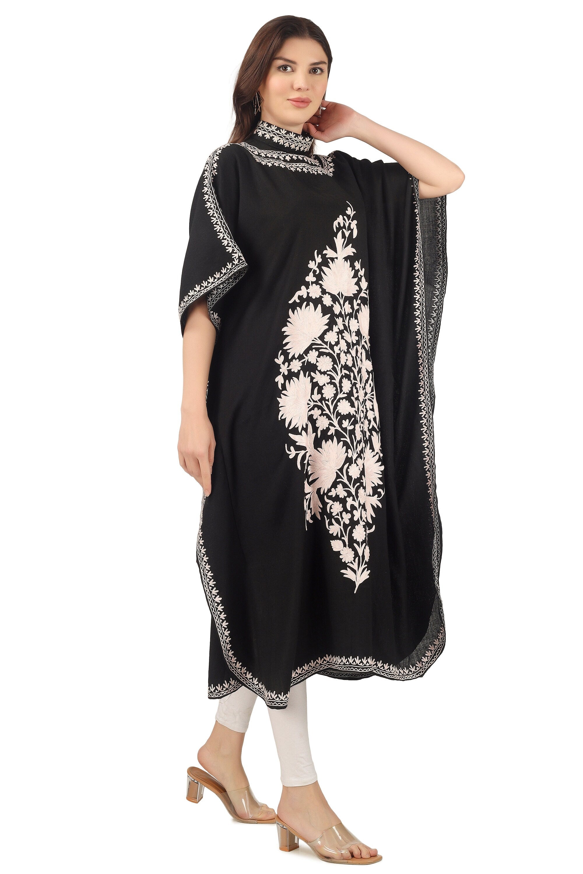 Handmade Merino Wool Kaftan: Black Kashmiri Aari Embroidered Maxi Dress BATIN