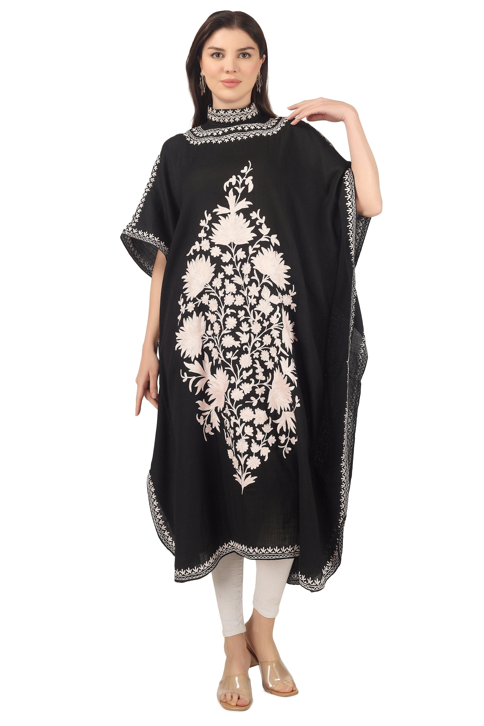 Handmade Merino Wool Kaftan: Black Kashmiri Aari Embroidered Maxi Dress BATIN