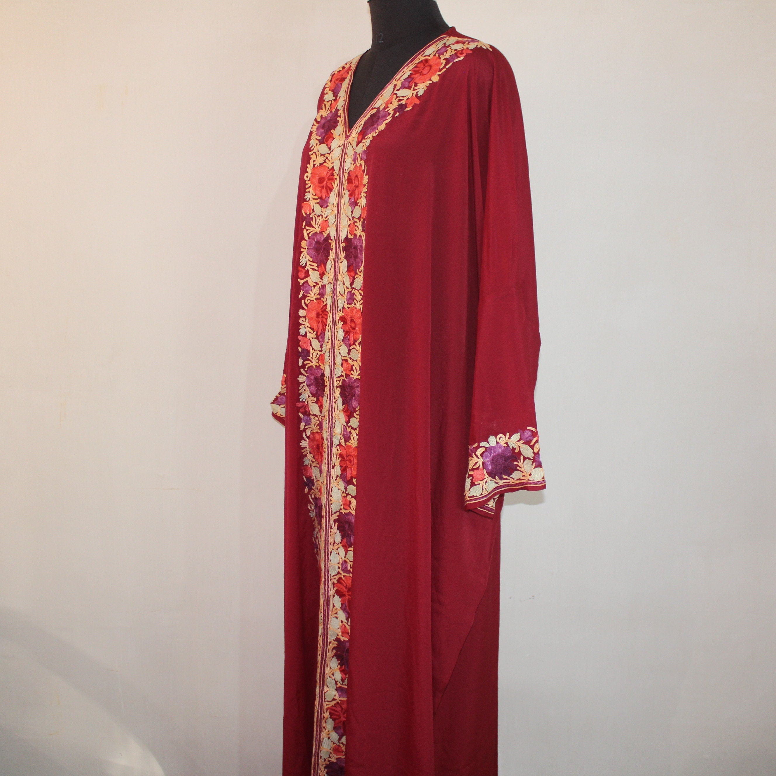 Handmade Kashmiri Aari Embroidered Crepe Silk Kaftan Dress - BATIN