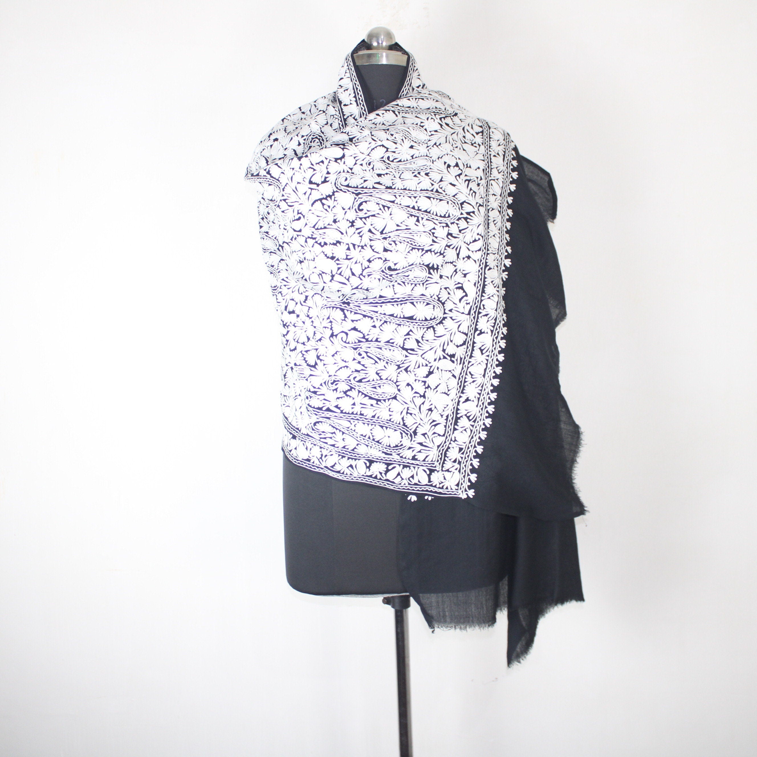 Handmade Merino Wool Kashmiri Stole: Aari Embroidered Black Scarf BATIN
