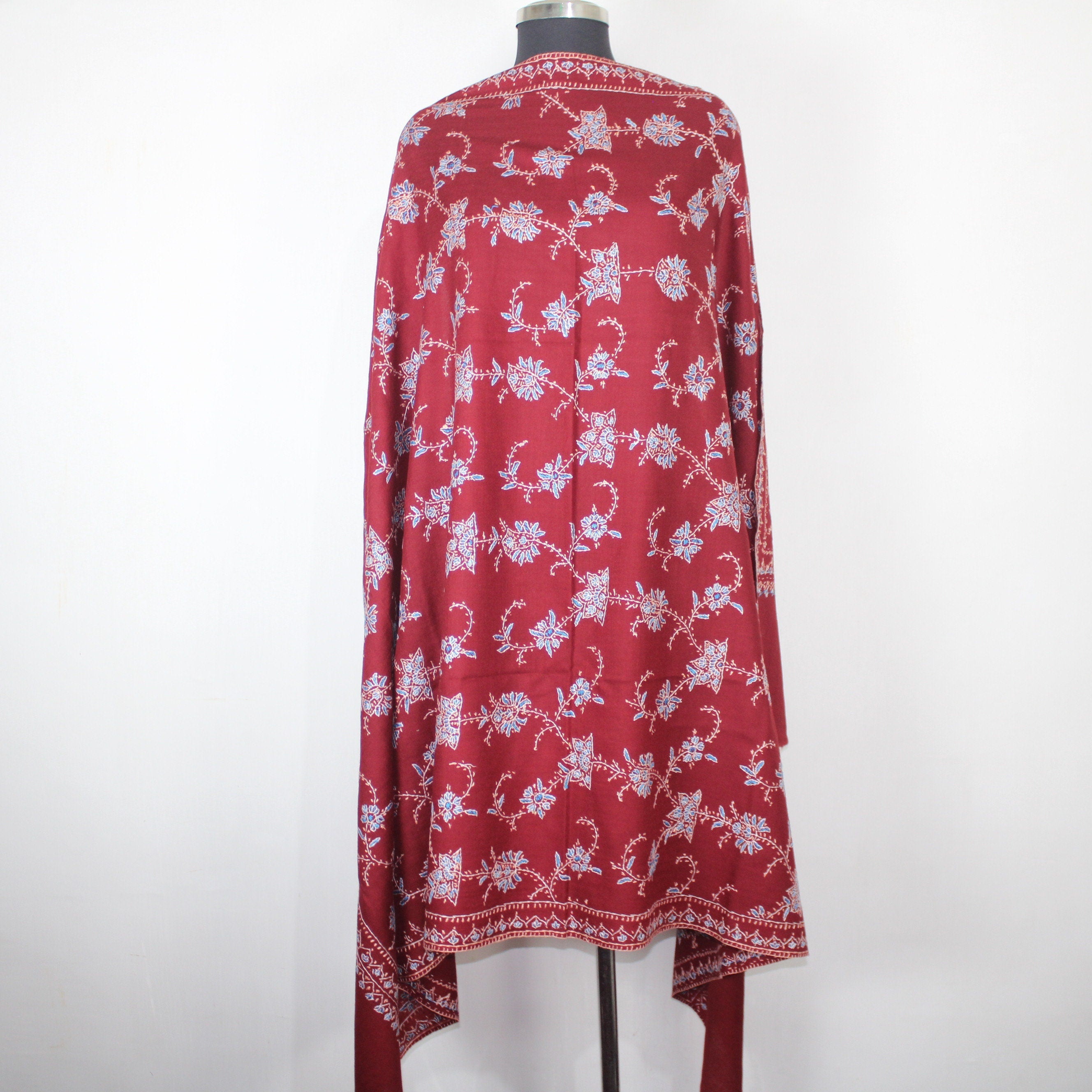 Merino Wool Sozni Embroidery Shawl: Maroon Kashmiri Wrap BATIN