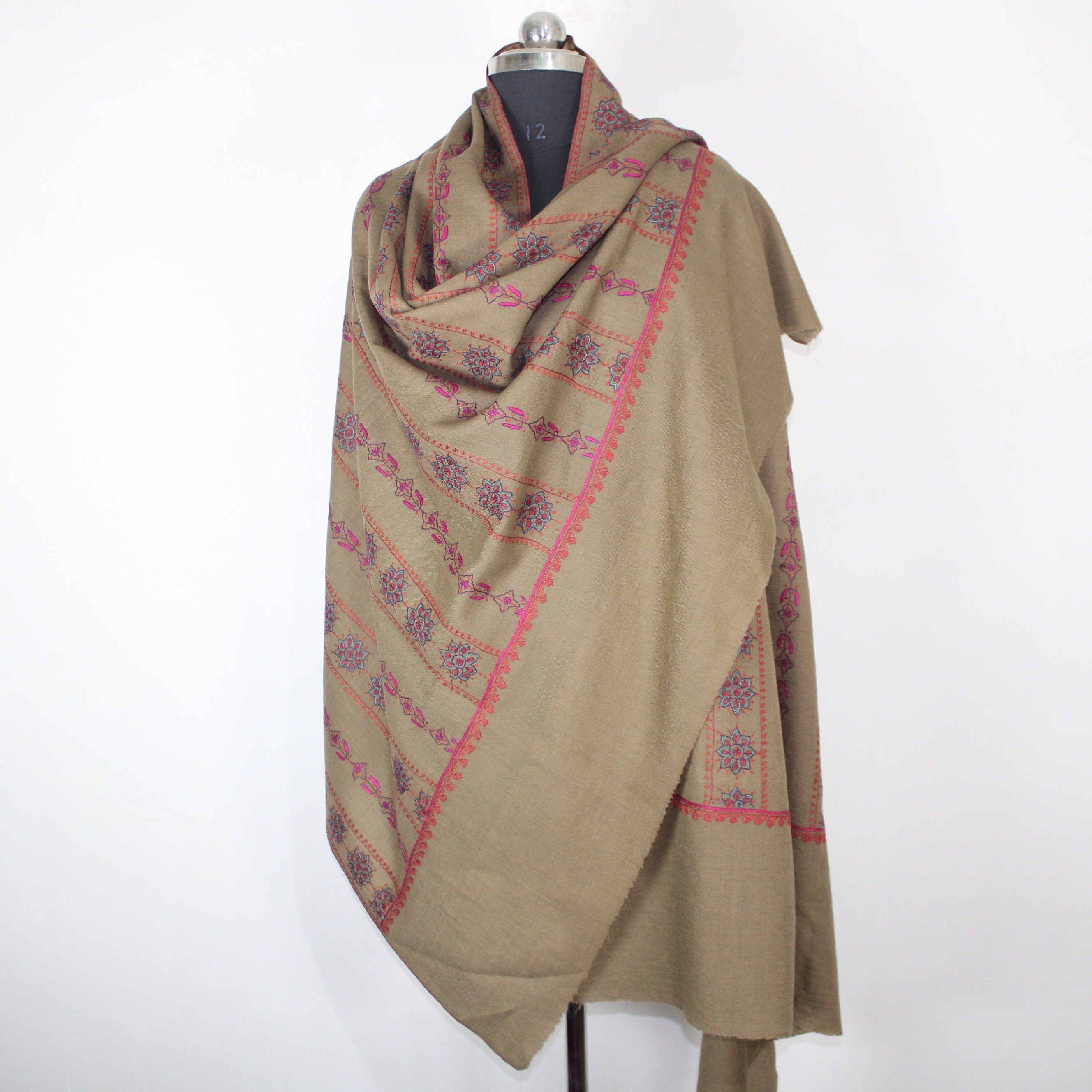 Handmade Merino Wool Shawl: Sozni Embroidery Kashmiri Wrap BATIN