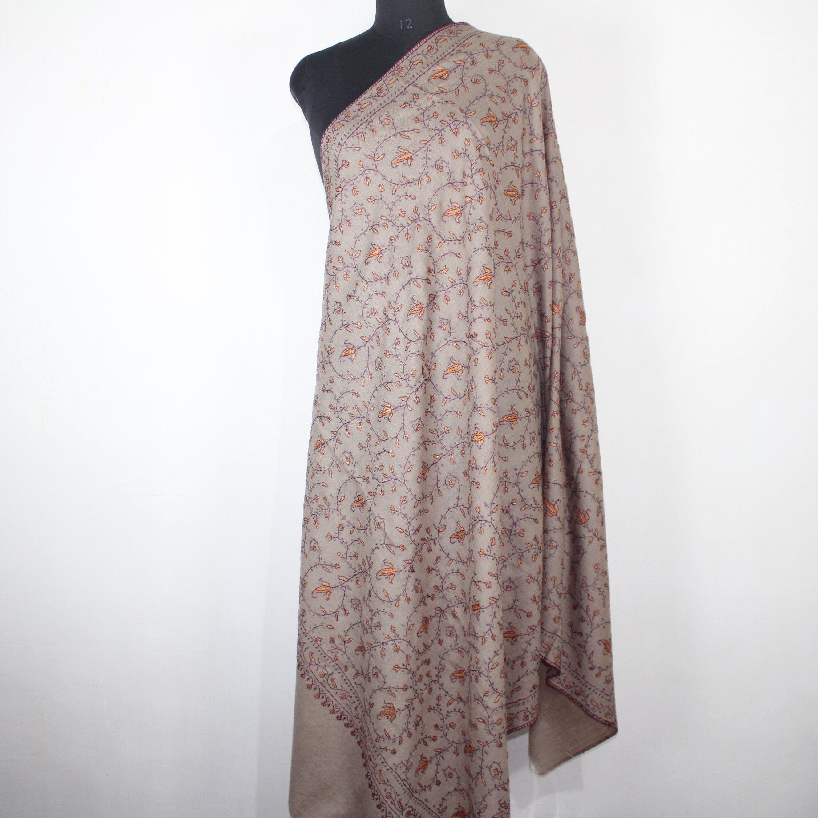 Kashmiri Sozni Embroidered Merino Wool Shawl: Beige Paisley Wrap BATIN
