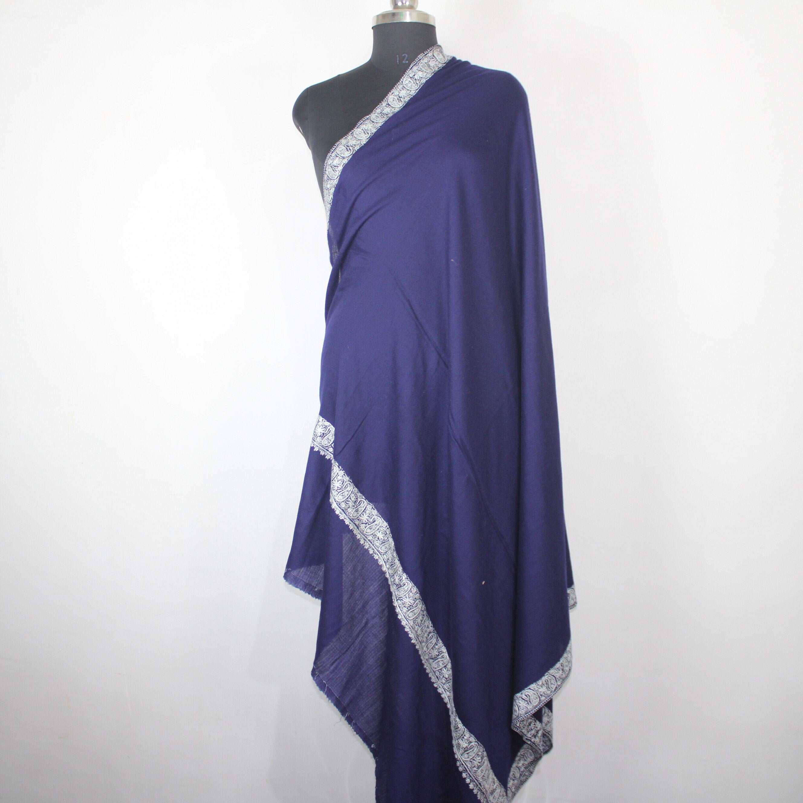 Blue Merino Wool Shawl: Kashmiri Sozni Embroidery, Handcrafted Wrap BATIN