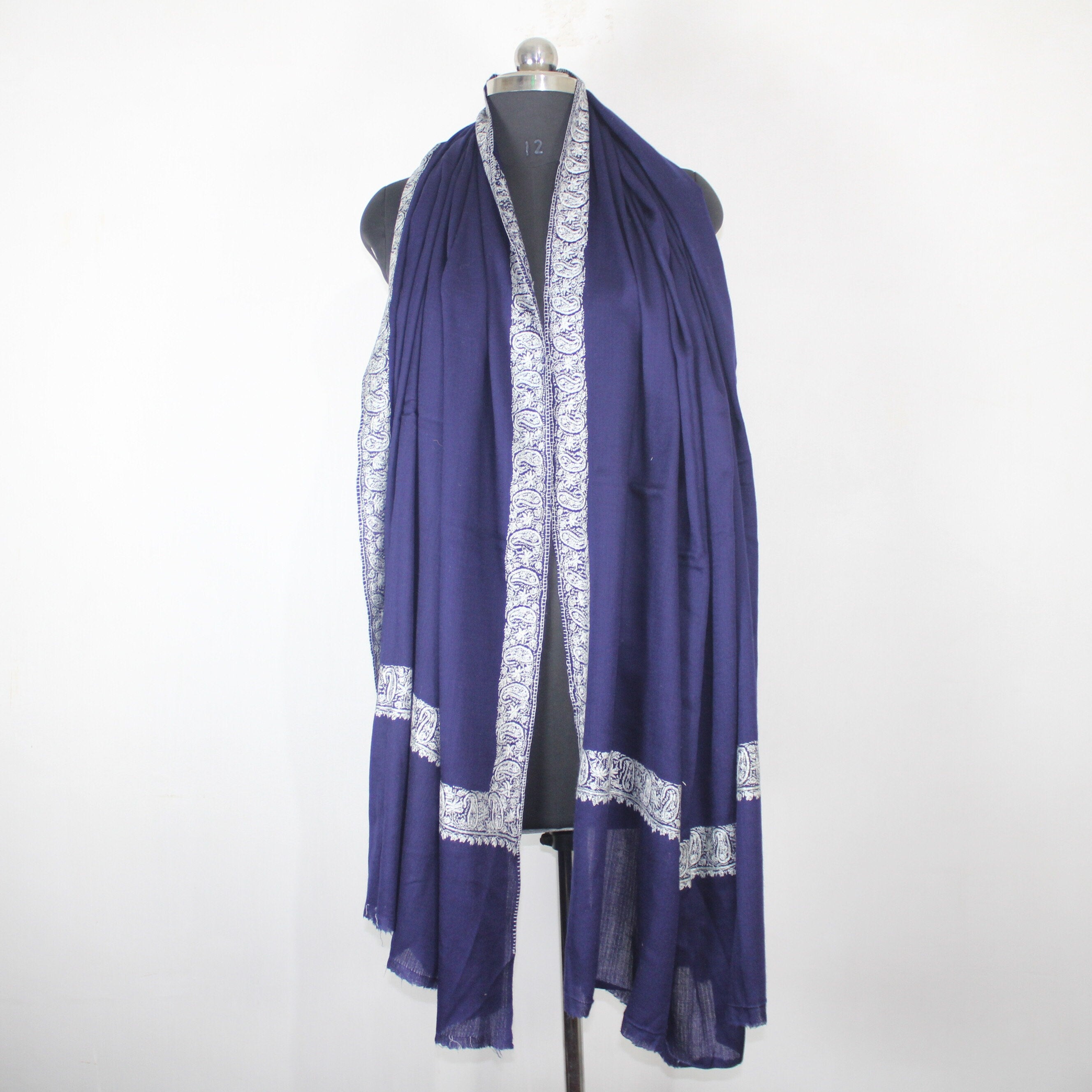 Blue Merino Wool Shawl: Kashmiri Sozni Embroidery, Handcrafted Wrap BATIN