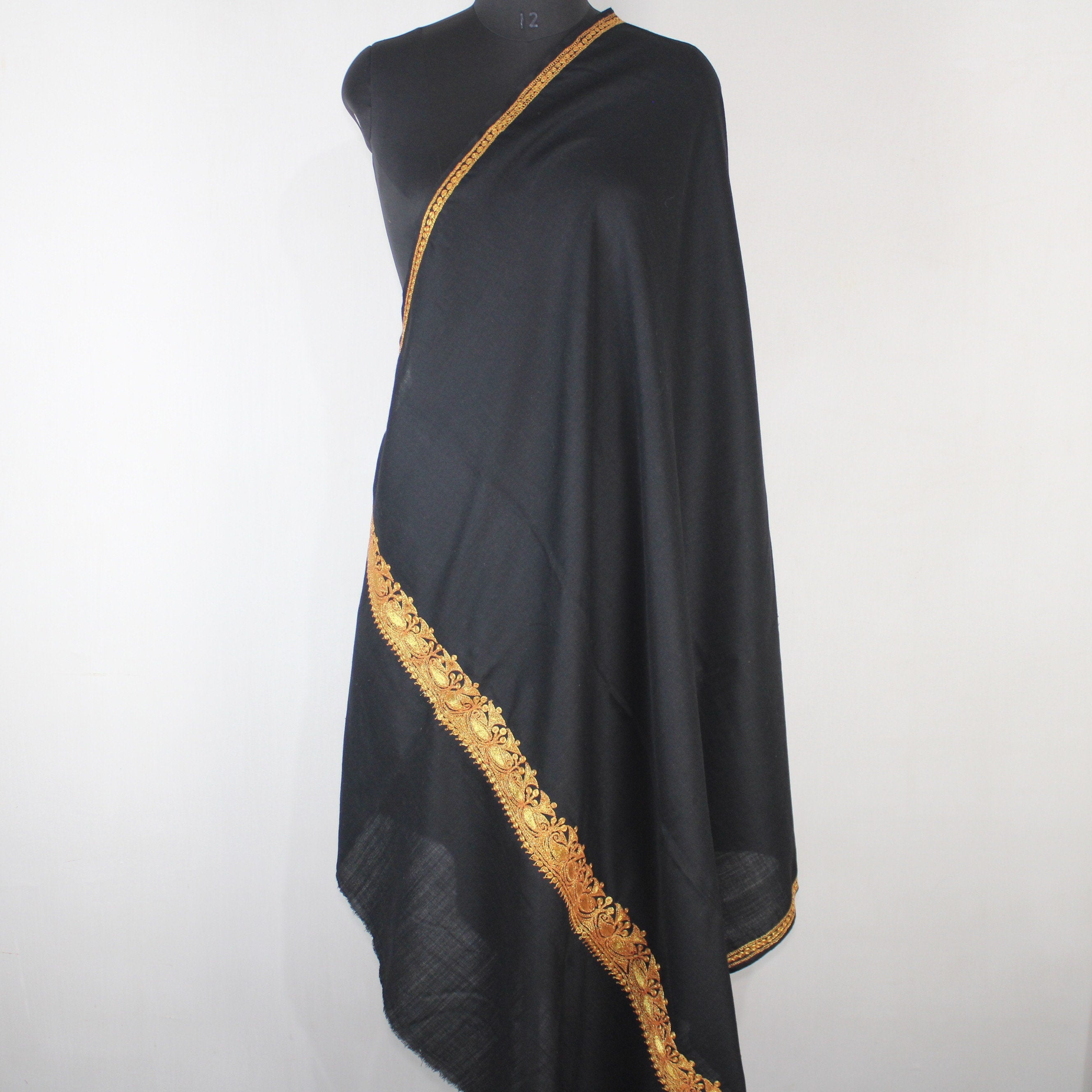 Kashmiri Merino Wool Shawl: Black Tilla Embroidery, Women&