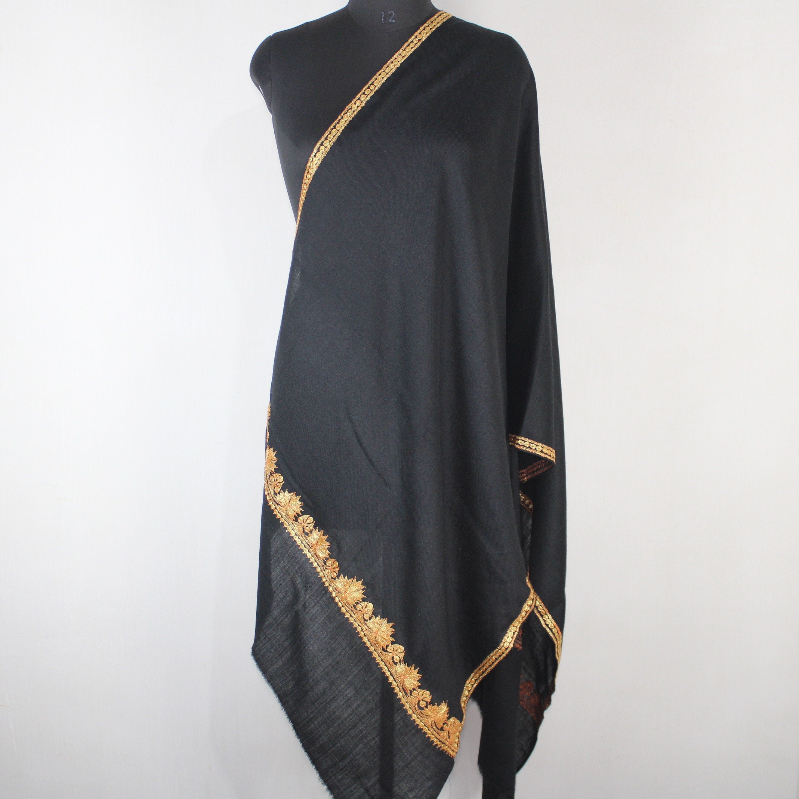 Kashmiri Tilla Embroidery Scarf: Black Merino Wool Stole BATIN