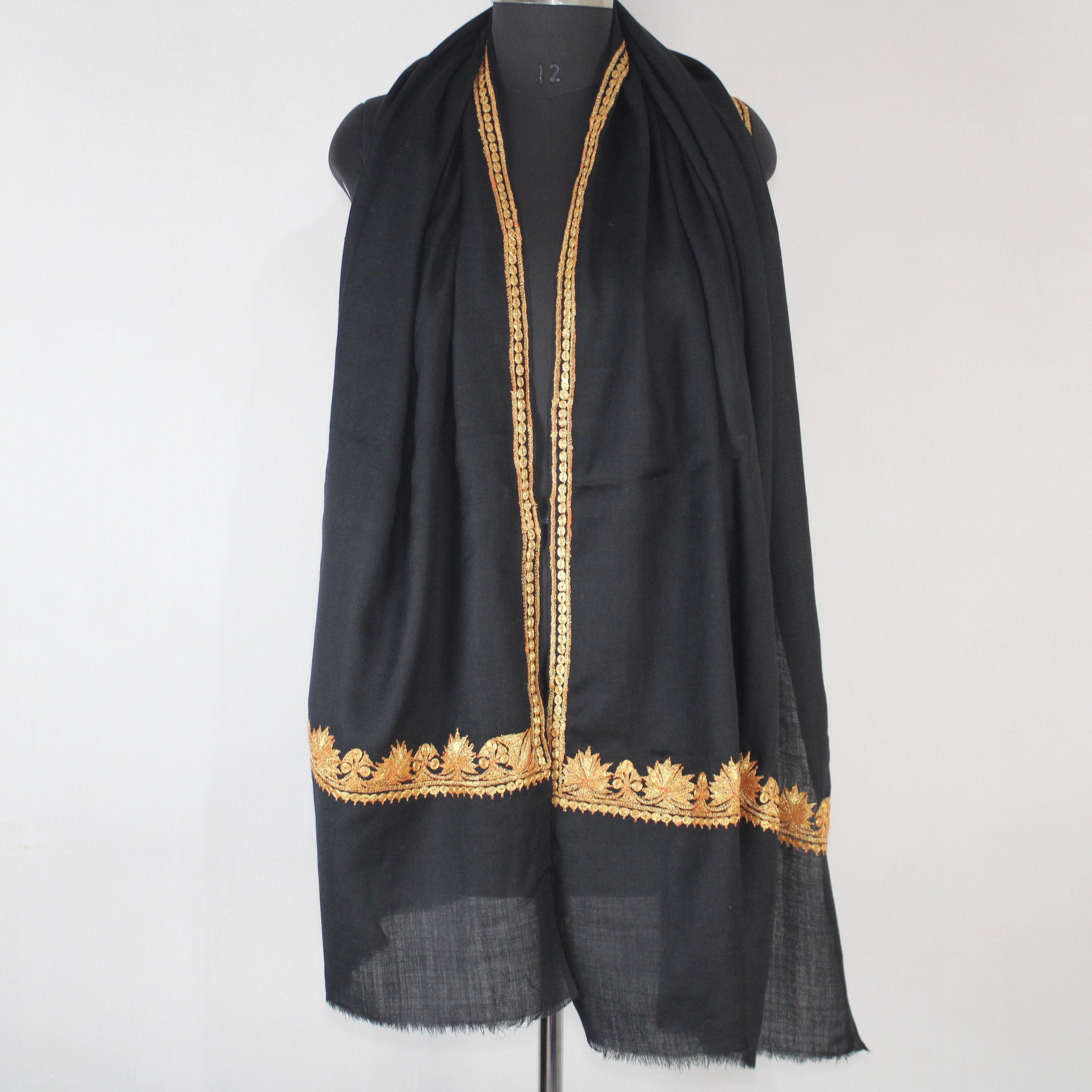 Kashmiri Tilla Embroidery Scarf: Black Merino Wool Stole BATIN