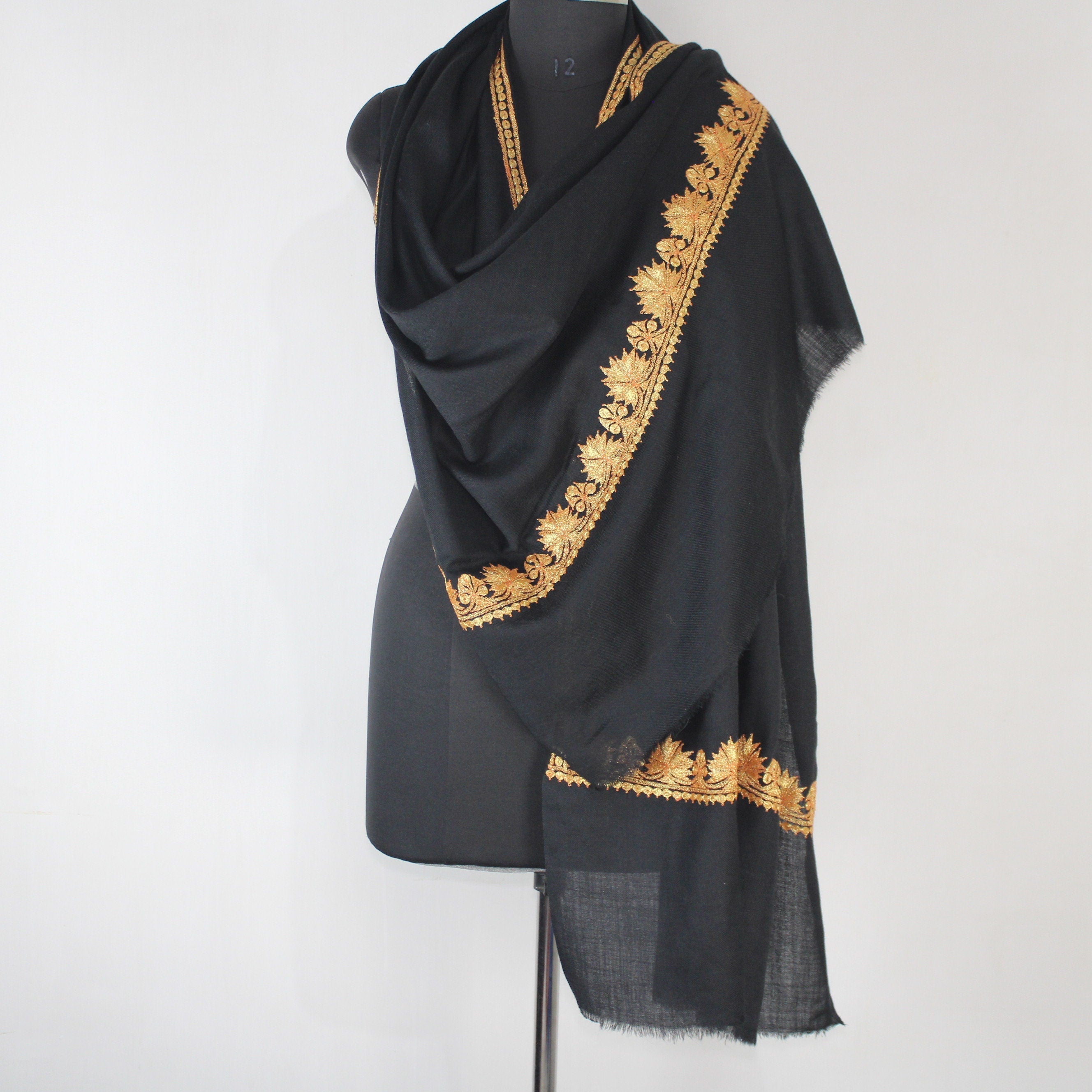 Kashmiri Tilla Embroidery Scarf: Black Merino Wool Stole BATIN