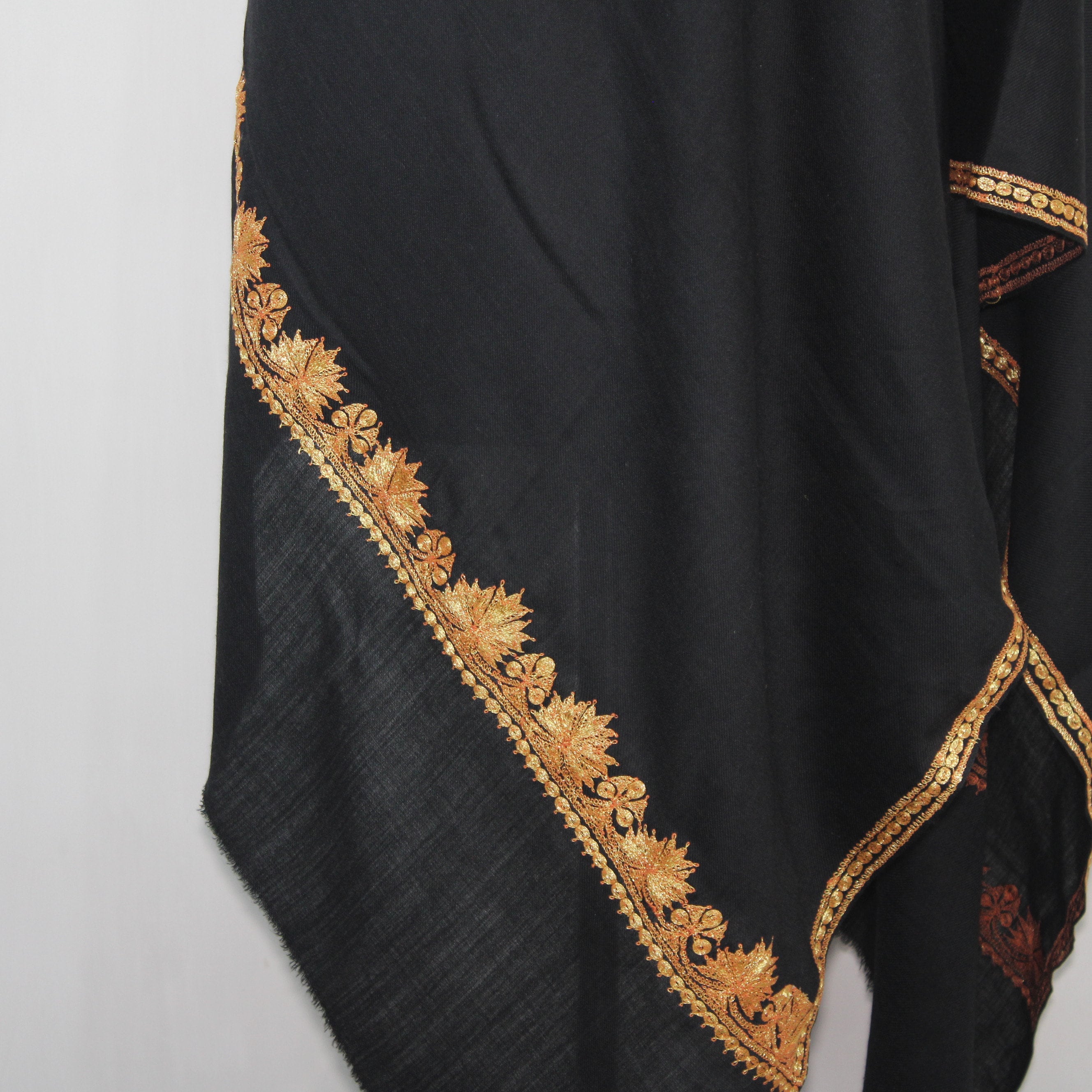 Kashmiri Tilla Embroidery Scarf: Black Merino Wool Stole BATIN