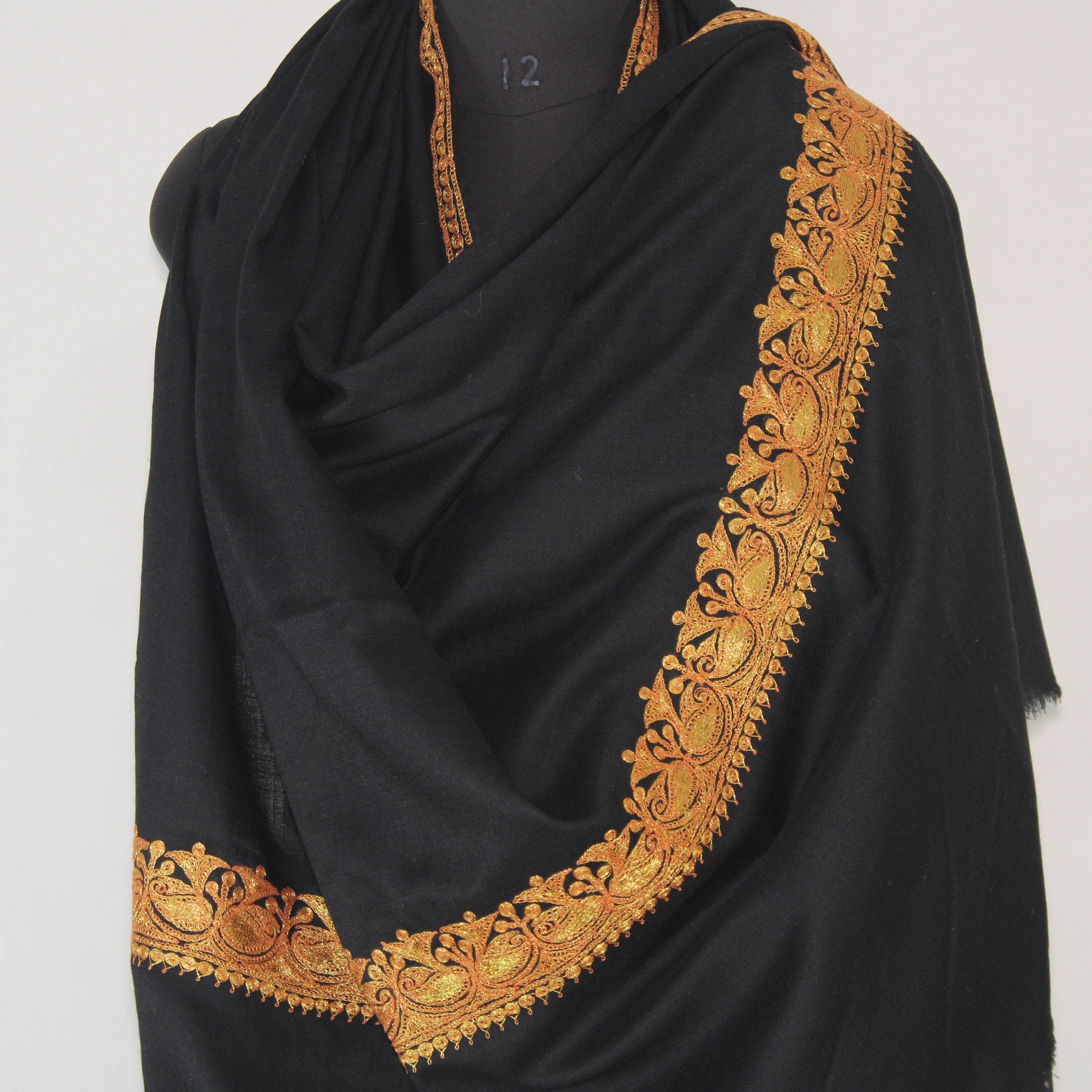 Kashmiri Merino Wool Shawl: Black Tilla Embroidery, Women&