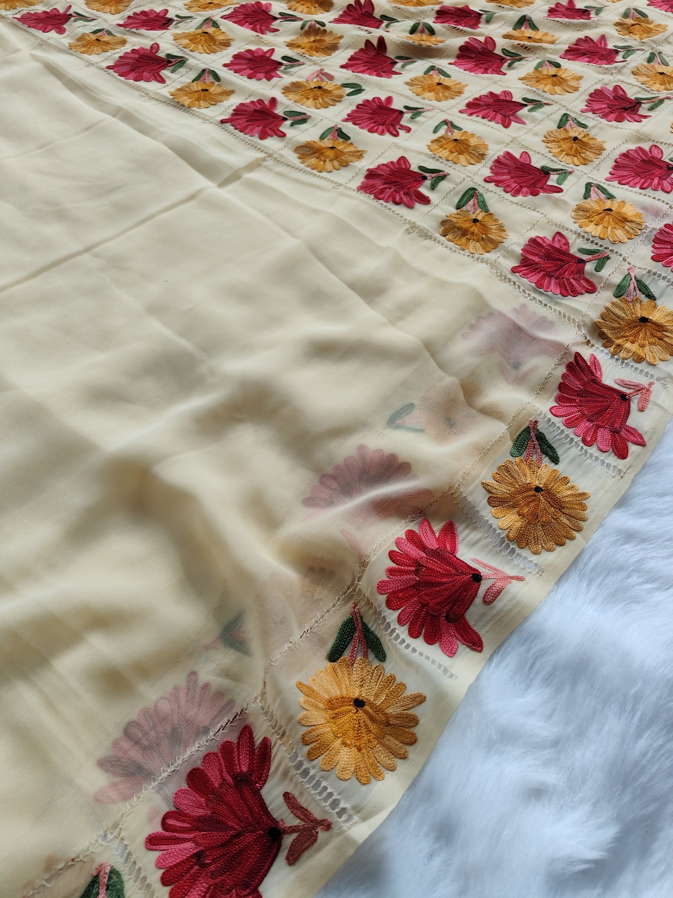 Handmade Kashmiri Aari Embroidered Georgette Saree with Blouse BATIN