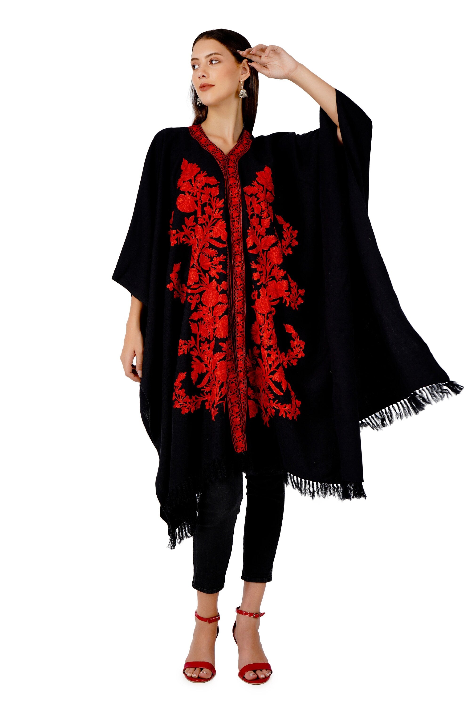 Kashmiri Aari Embroidered Cape Shawl for women, floral embroidered woollen cape shawl, womens poncho, Indian Wrap for women, winter wraps - BATIN