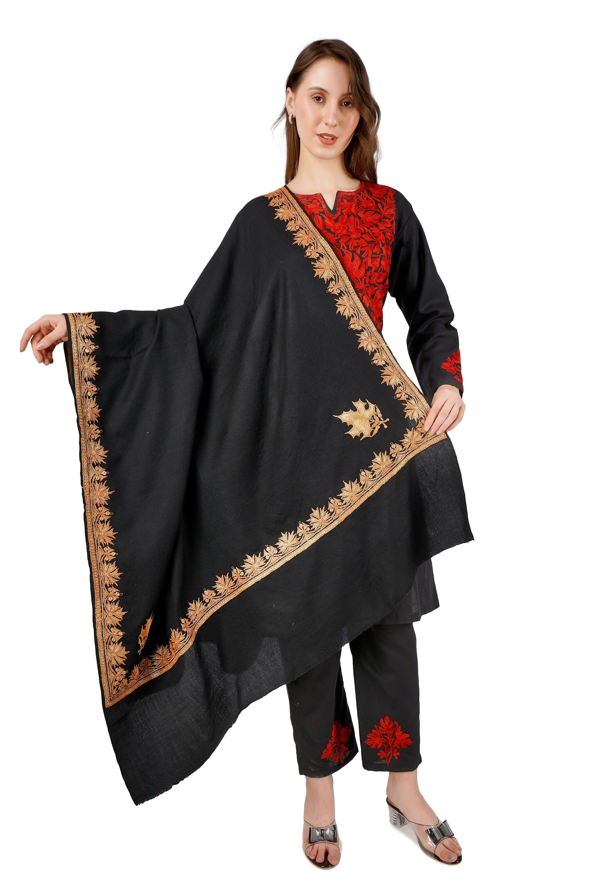 Kashmiri Merino Wool Shawl: Black Tilla Embroidery Wrap BATIN