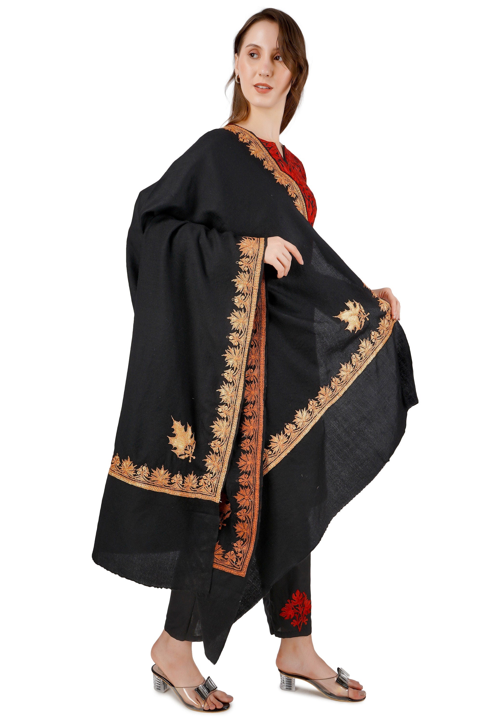 Kashmiri Merino Wool Shawl: Black Tilla Embroidery Wrap BATIN