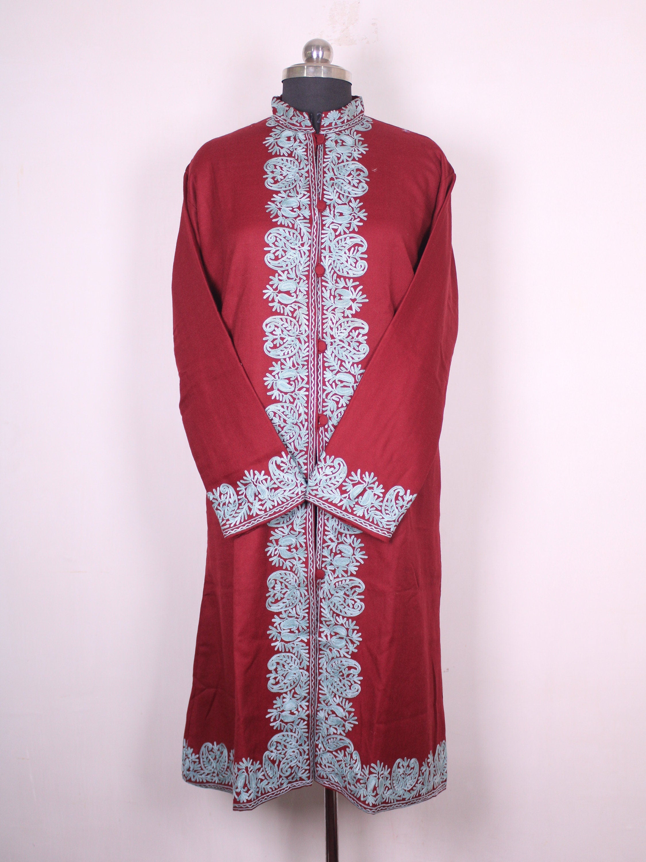 Kashmiri Coat, Kashmiri Embroidered Jacket, Embroidered Coat, Long Jacket, Woolen Jacket, Maroon Jacket, BATIN