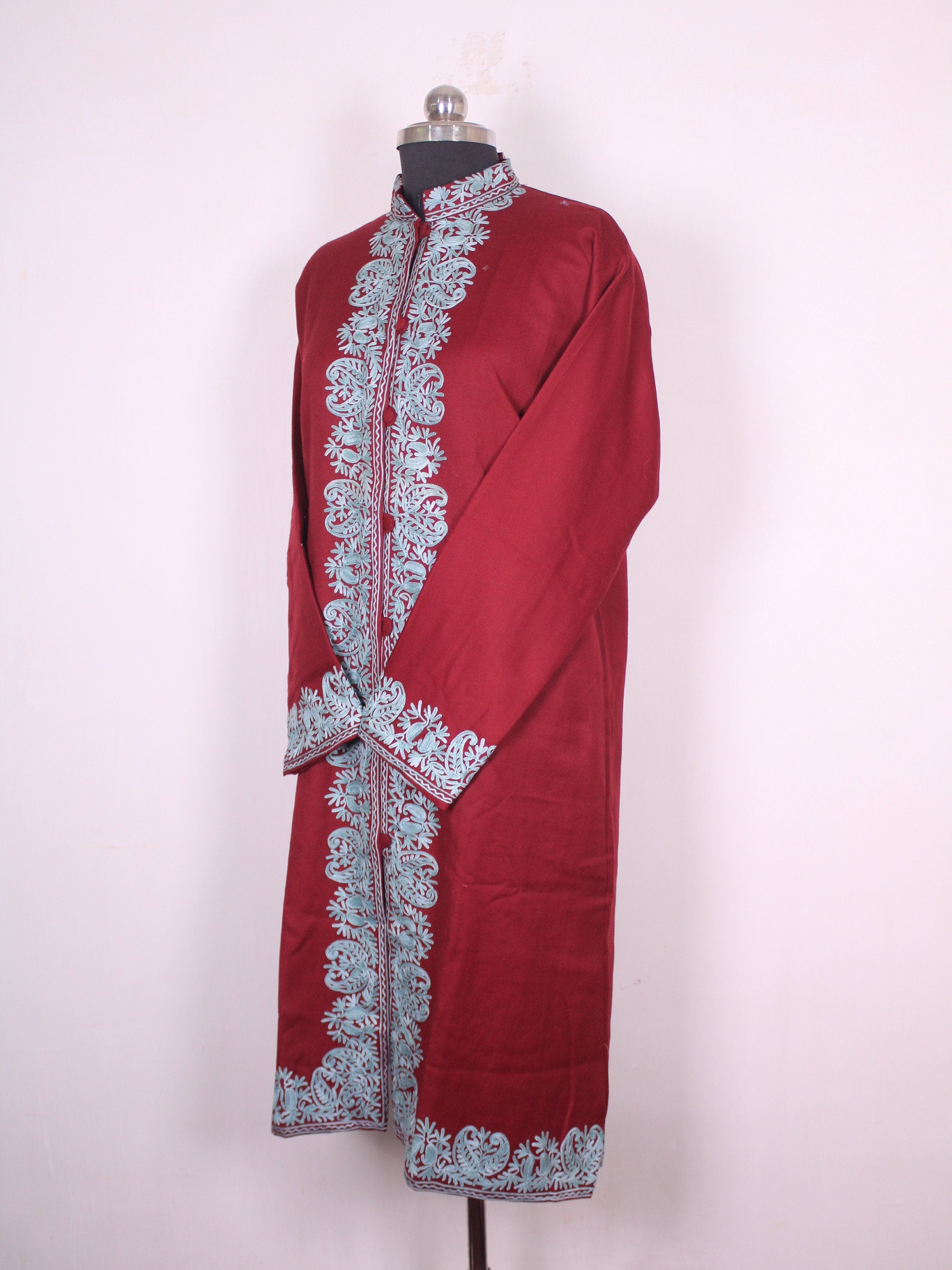 Kashmiri Coat, Kashmiri Embroidered Jacket, Embroidered Coat, Long Jacket, Woolen Jacket, Maroon Jacket, BATIN
