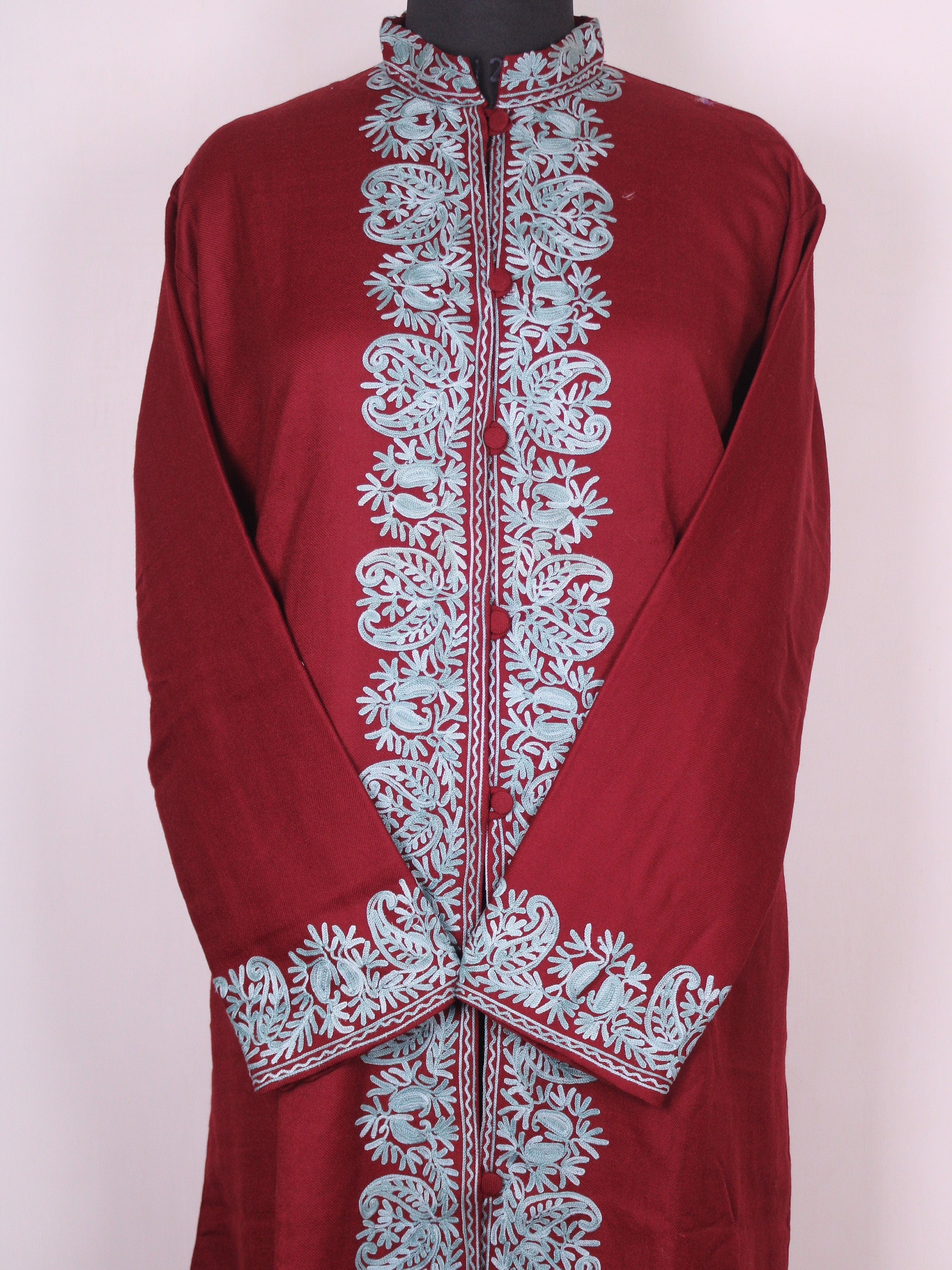 Kashmiri Coat, Kashmiri Embroidered Jacket, Embroidered Coat, Long Jacket, Woolen Jacket, Maroon Jacket, BATIN