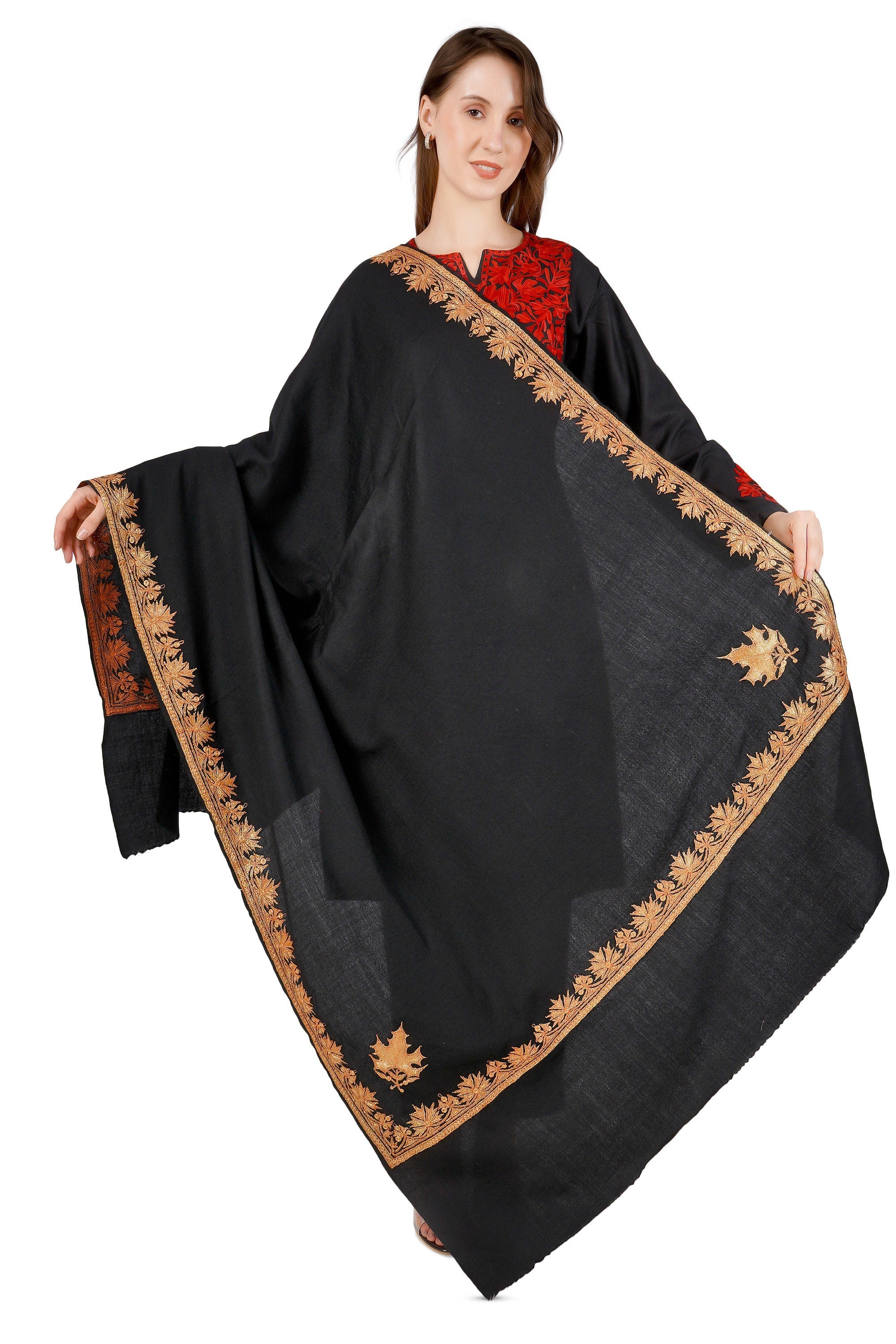 Kashmiri Merino Wool Shawl: Black Tilla Embroidery Wrap BATIN