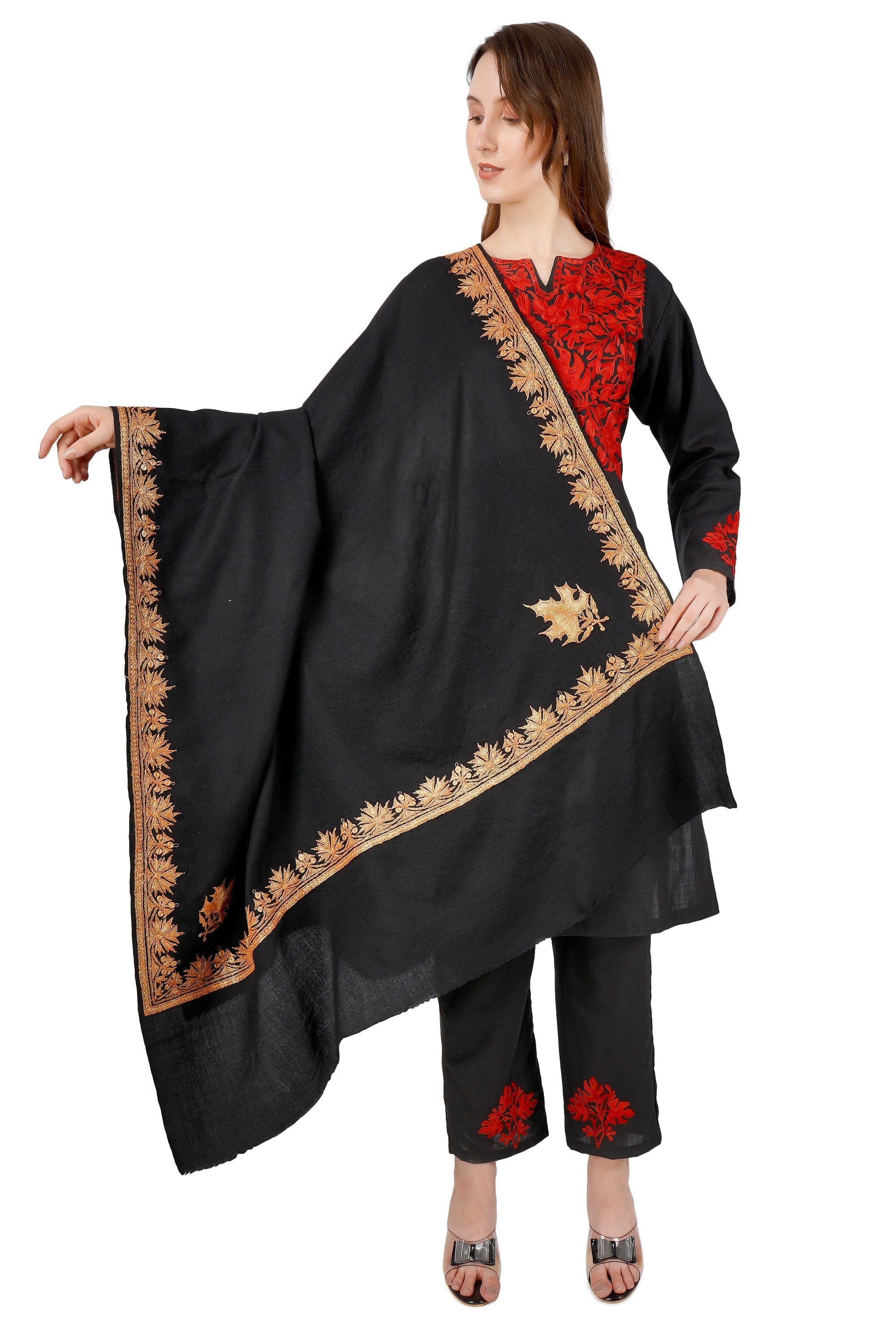 Kashmiri Merino Wool Shawl: Black Tilla Embroidery Wrap BATIN