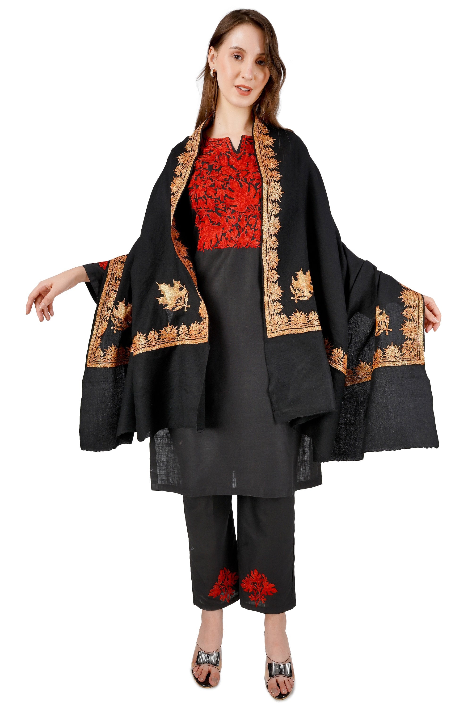 Kashmiri Merino Wool Shawl: Black Tilla Embroidery Wrap BATIN