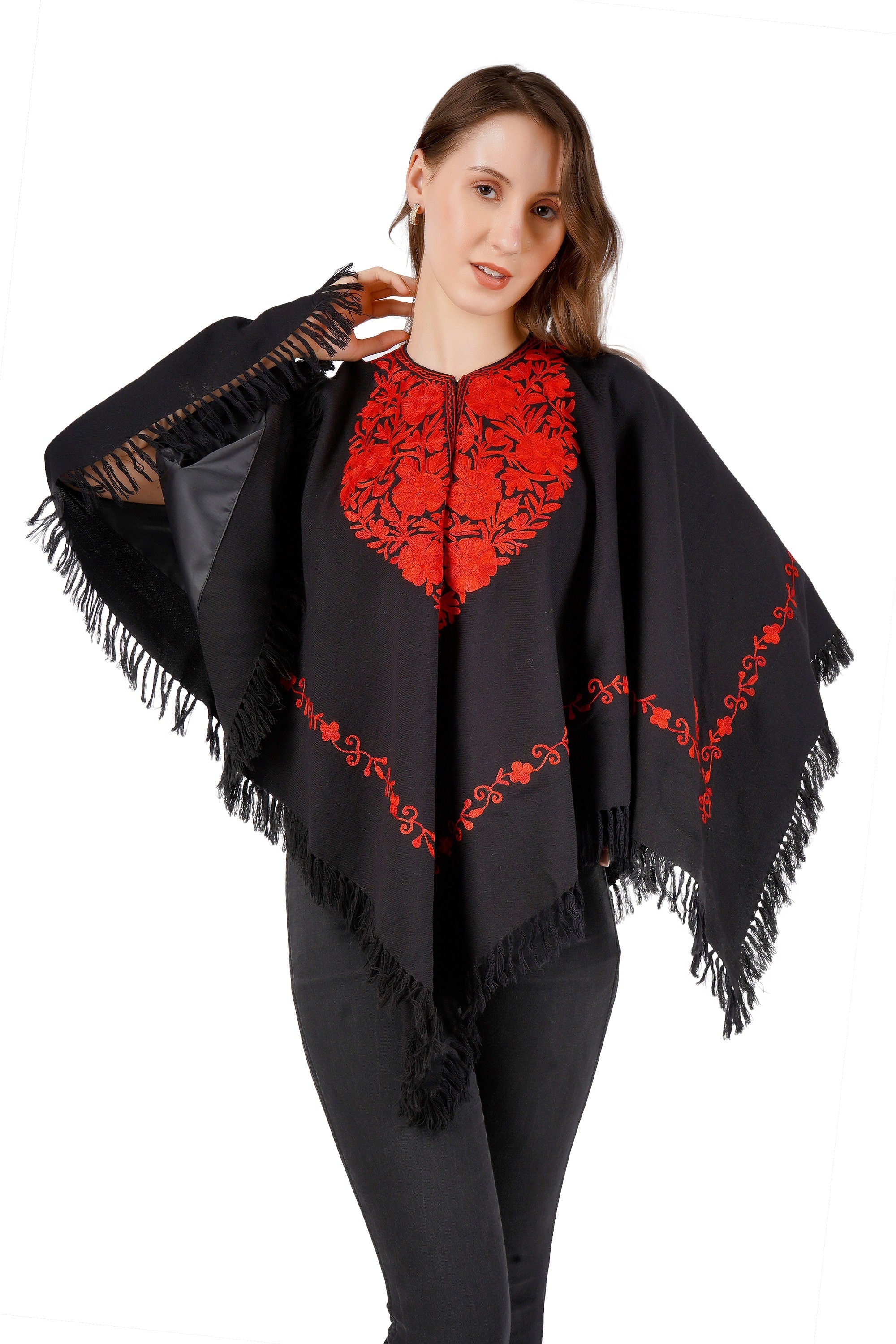 Handmade Kashmiri Aari Embroidered Wool Poncho - Silk Lined BATIN