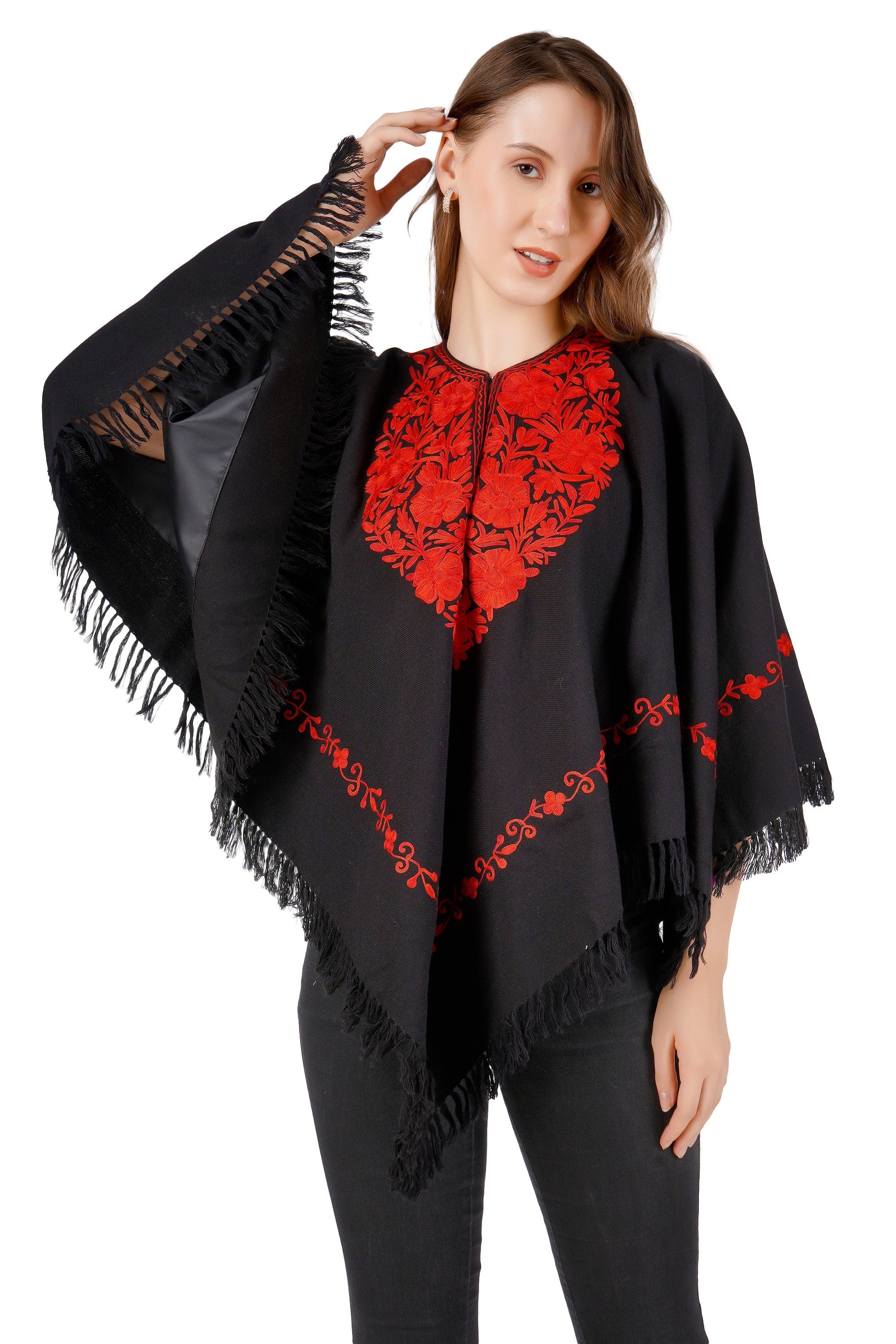 Handmade Kashmiri Aari Embroidered Wool Poncho - Silk Lined BATIN