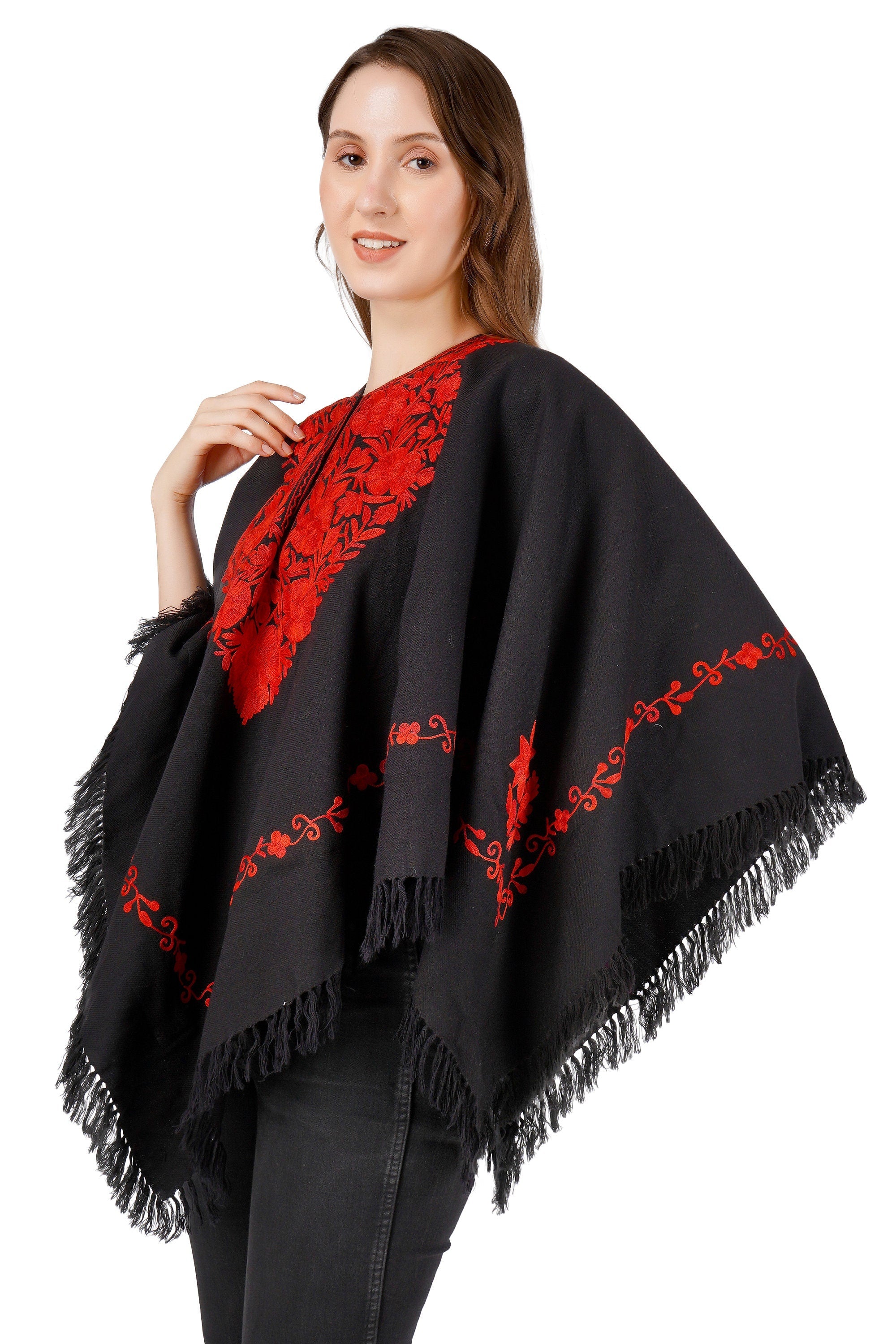 Handmade Kashmiri Aari Embroidered Wool Poncho - Silk Lined BATIN