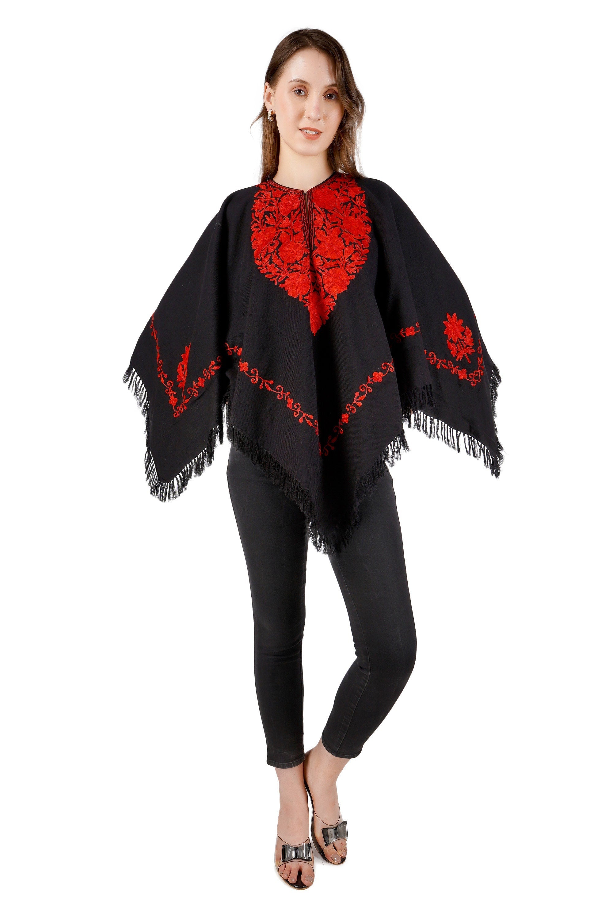 Handmade Kashmiri Aari Embroidered Wool Poncho - Silk Lined BATIN