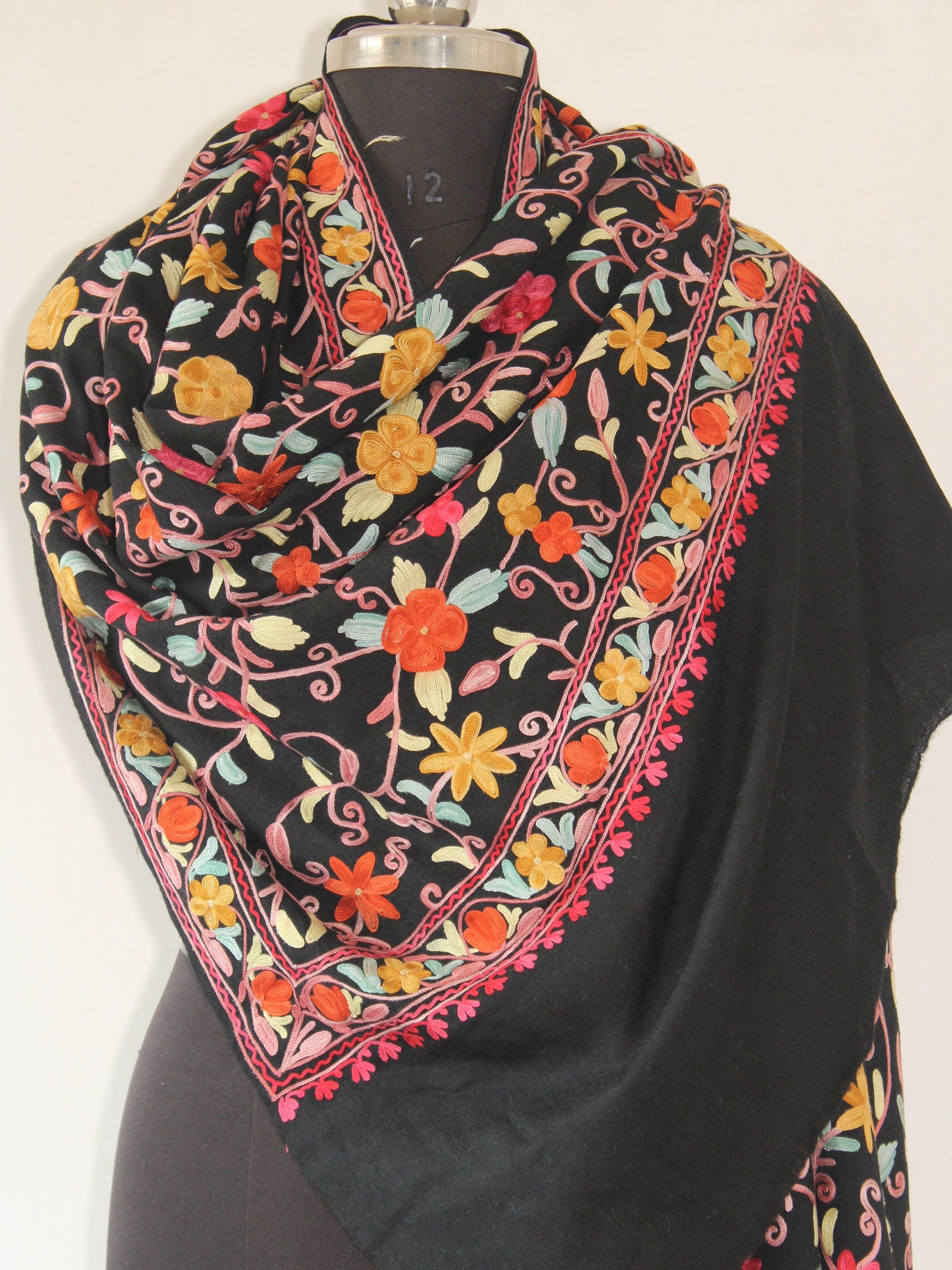 Kashmiri Wool Stole: Floral Aari Embroidery, Indian Shawl Wrap BATIN