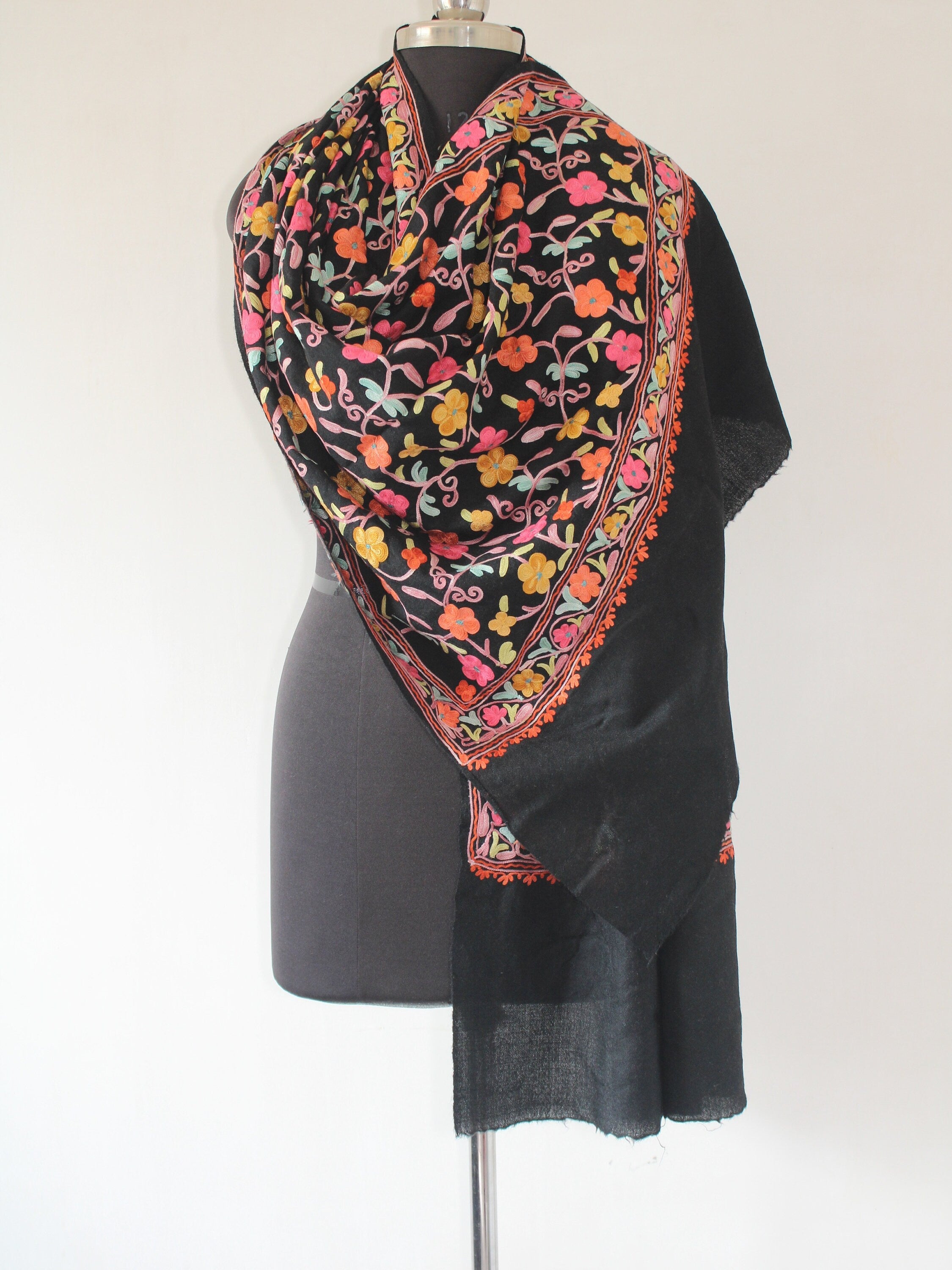 Kashmiri Wool Stole: Floral Aari Embroidery, Indian Shawl - BATIN