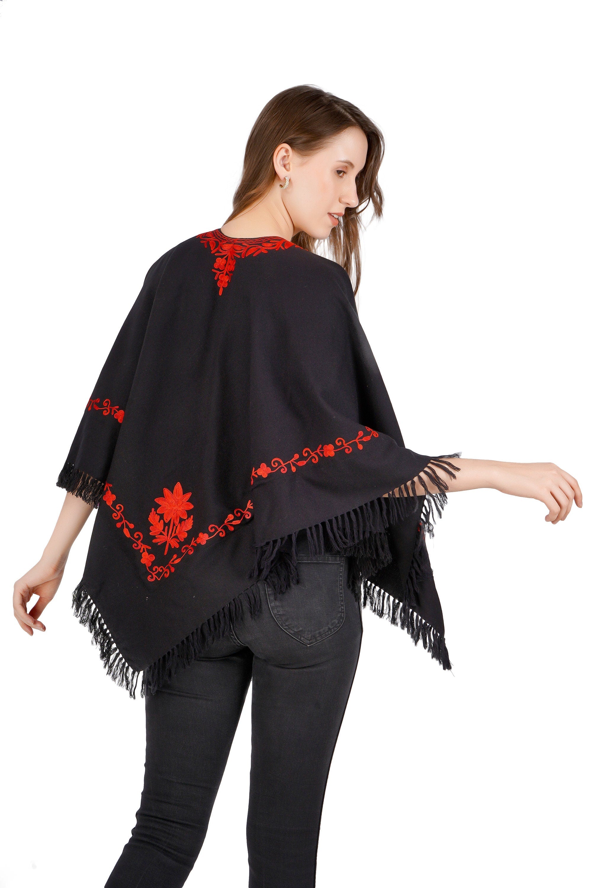 Handmade Kashmiri Aari Embroidered Wool Poncho - Silk Lined BATIN