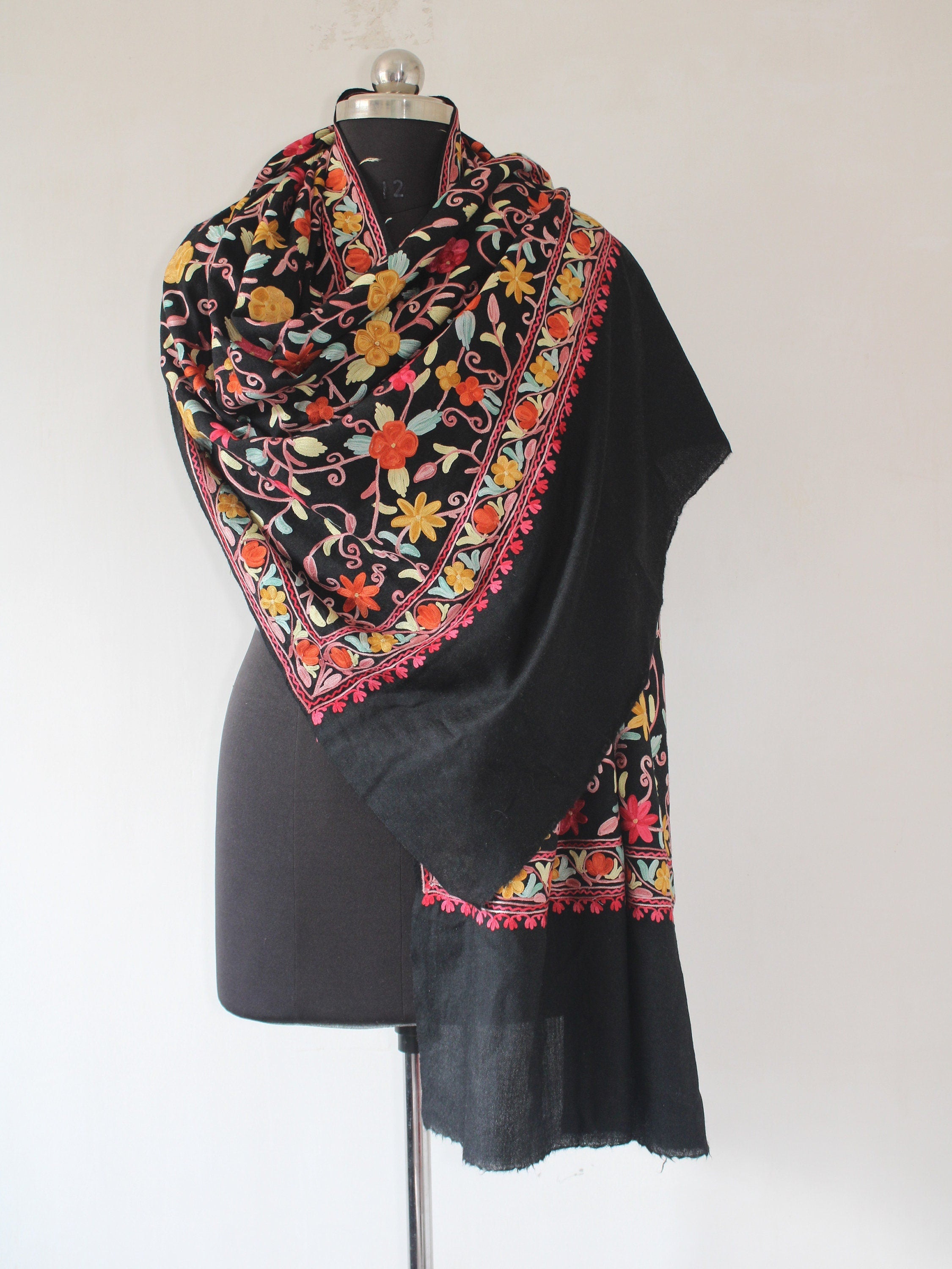 Kashmiri Wool Stole: Floral Aari Embroidery, Indian Shawl Wrap - BATIN