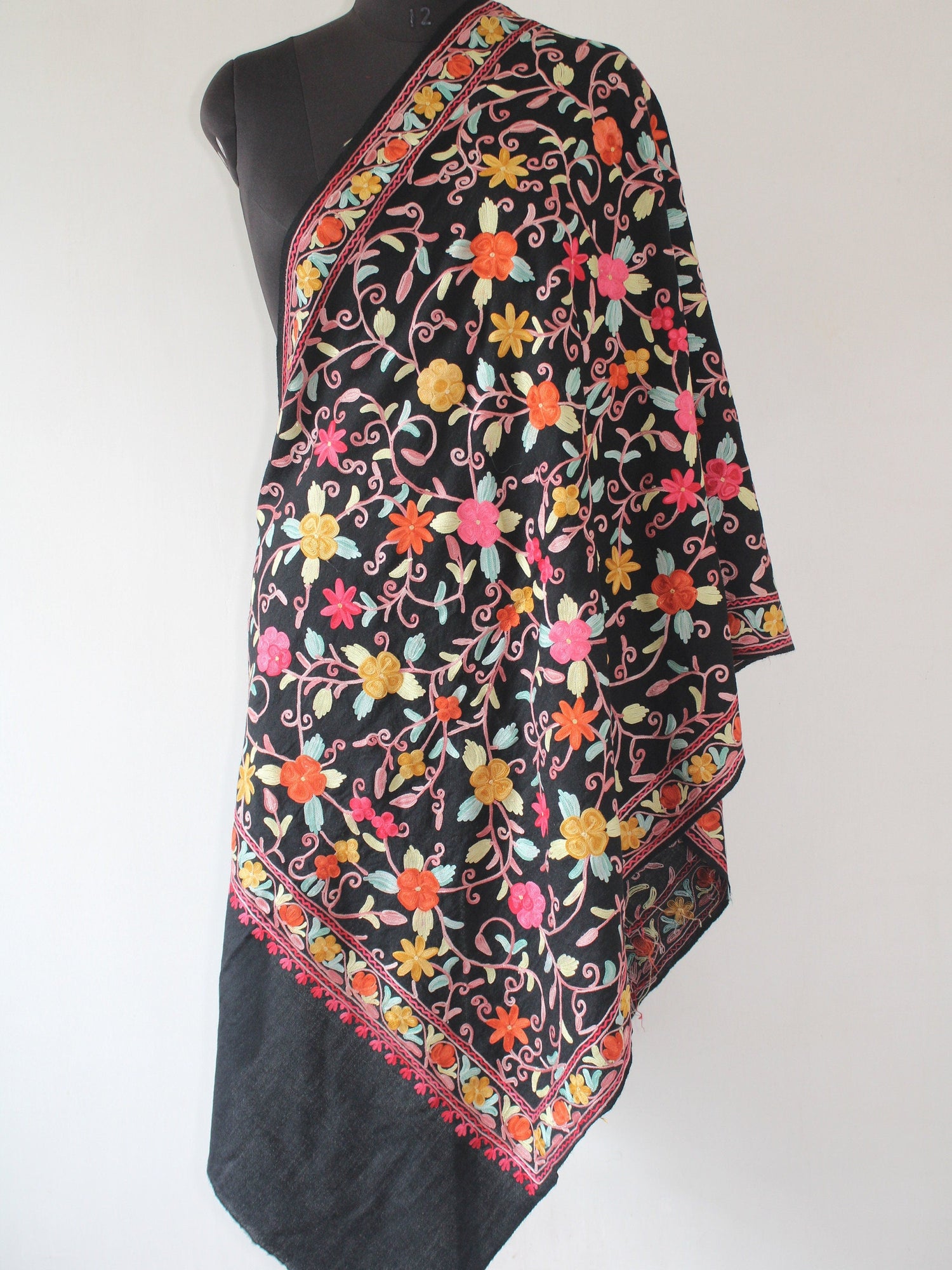 Kashmiri Wool Stole: Floral Aari Embroidery, Indian Shawl Wrap - BATIN