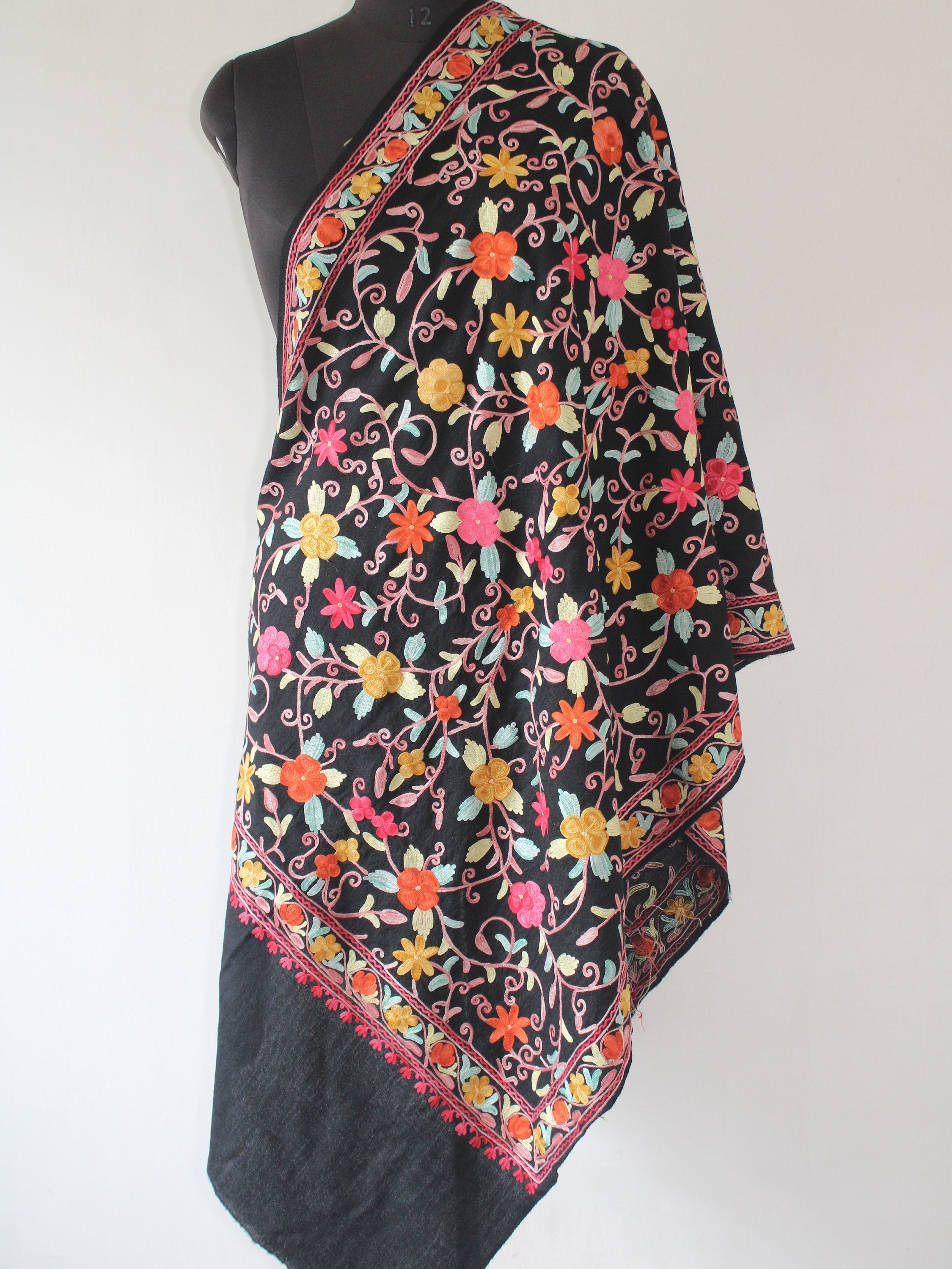 Kashmiri Wool Stole: Floral Aari Embroidery, Indian Shawl Wrap - BATIN
