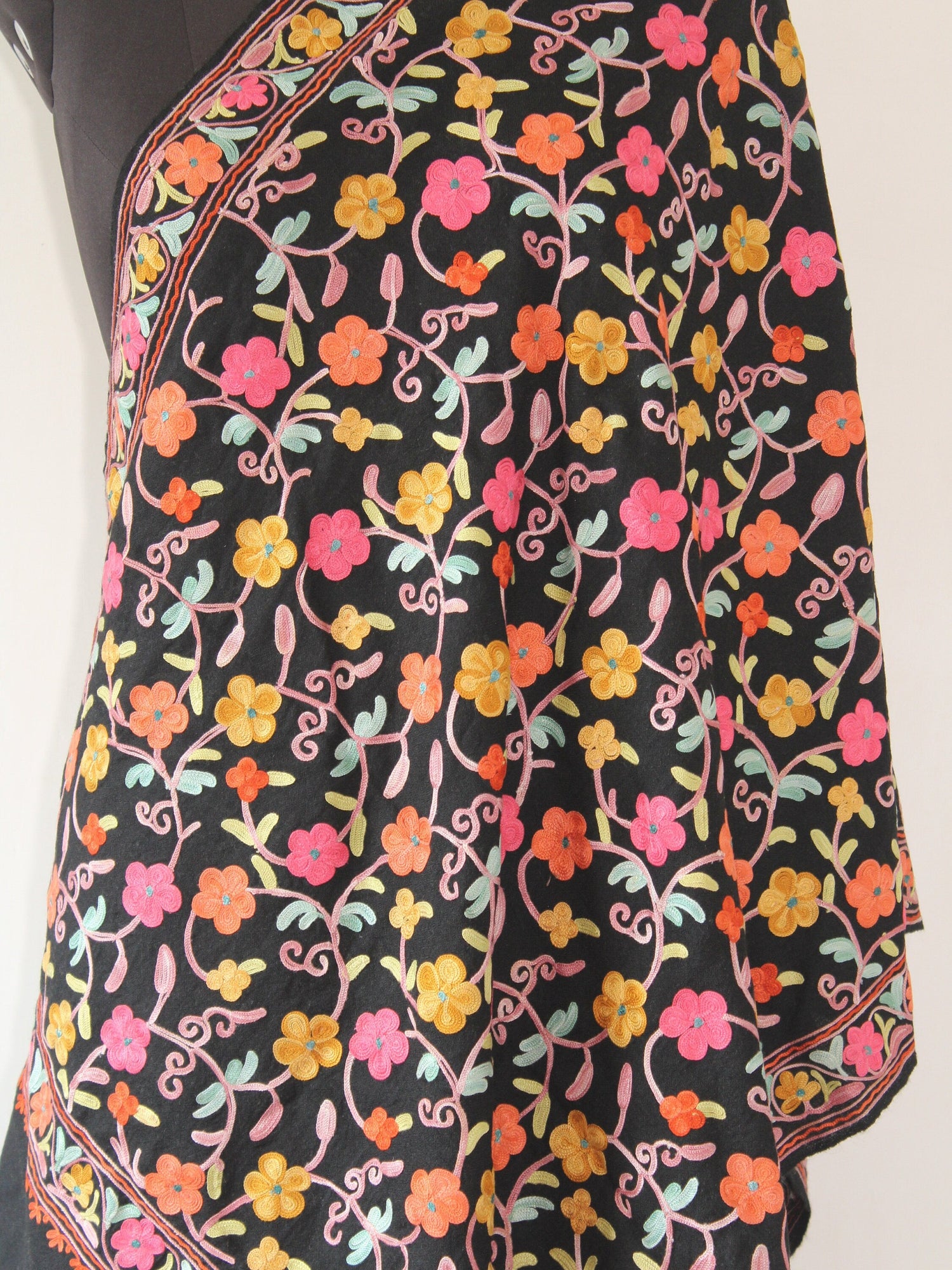 Kashmiri Wool Stole: Floral Aari Embroidery, Indian Shawl - BATIN
